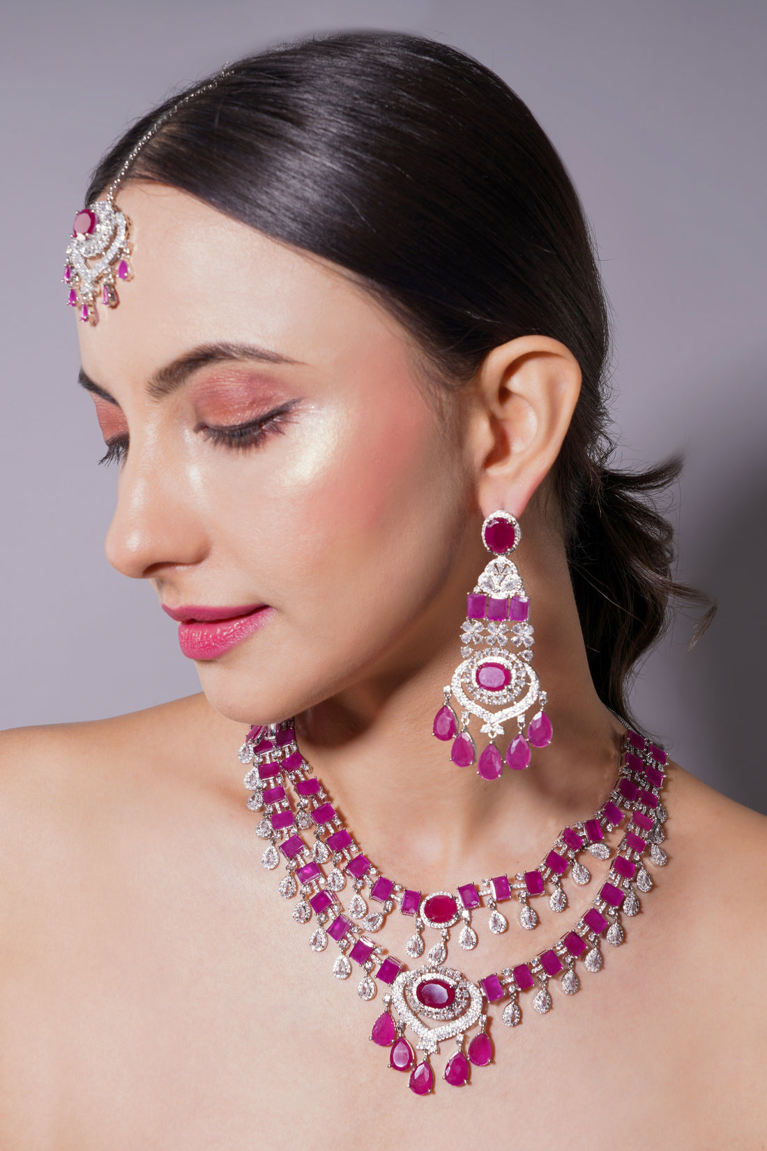Amaita Ruby Pink Grand Bridal Jewellery Set with Earrings & Tikka
