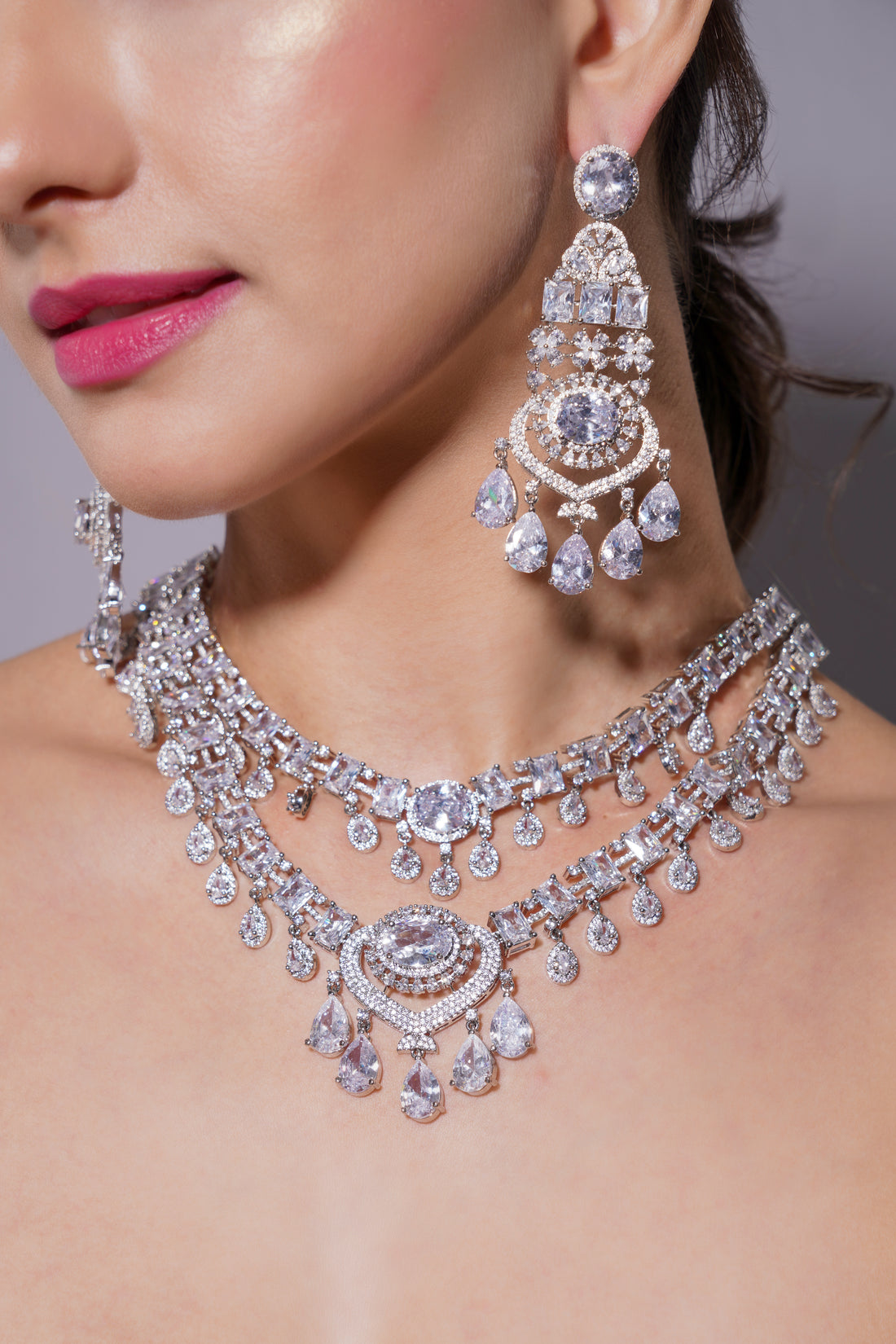 Amaita Platinum Polish White AD Bridal Jewellery Set with Earrings & Tikka