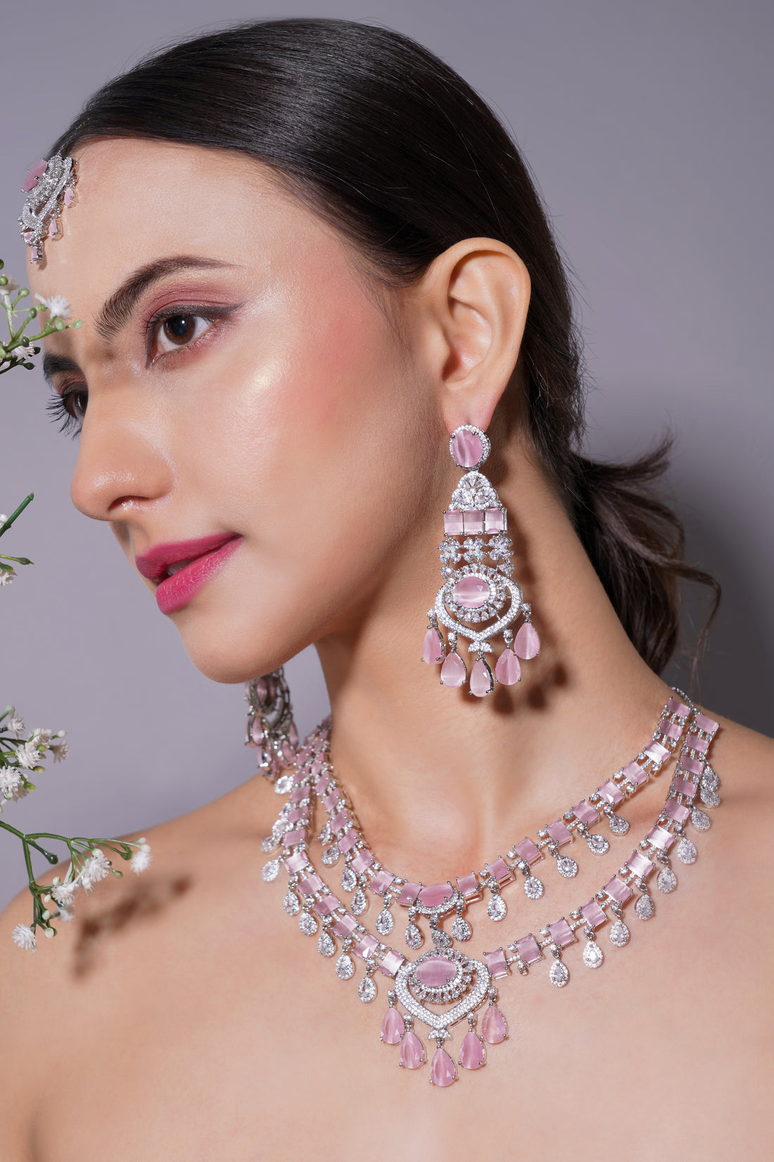 Amaita Elegant Blush Drop Necklace with Statement Earrings & Maang Tikka