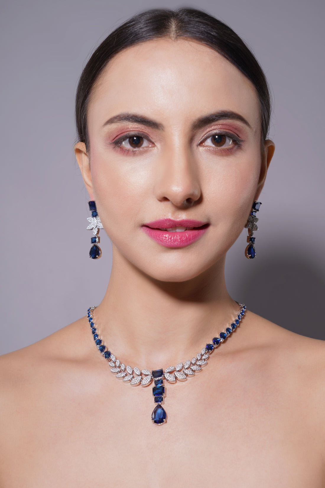 Amaita Sapphire Blue Platinum Polish Leaf Design Necklace & Earrings