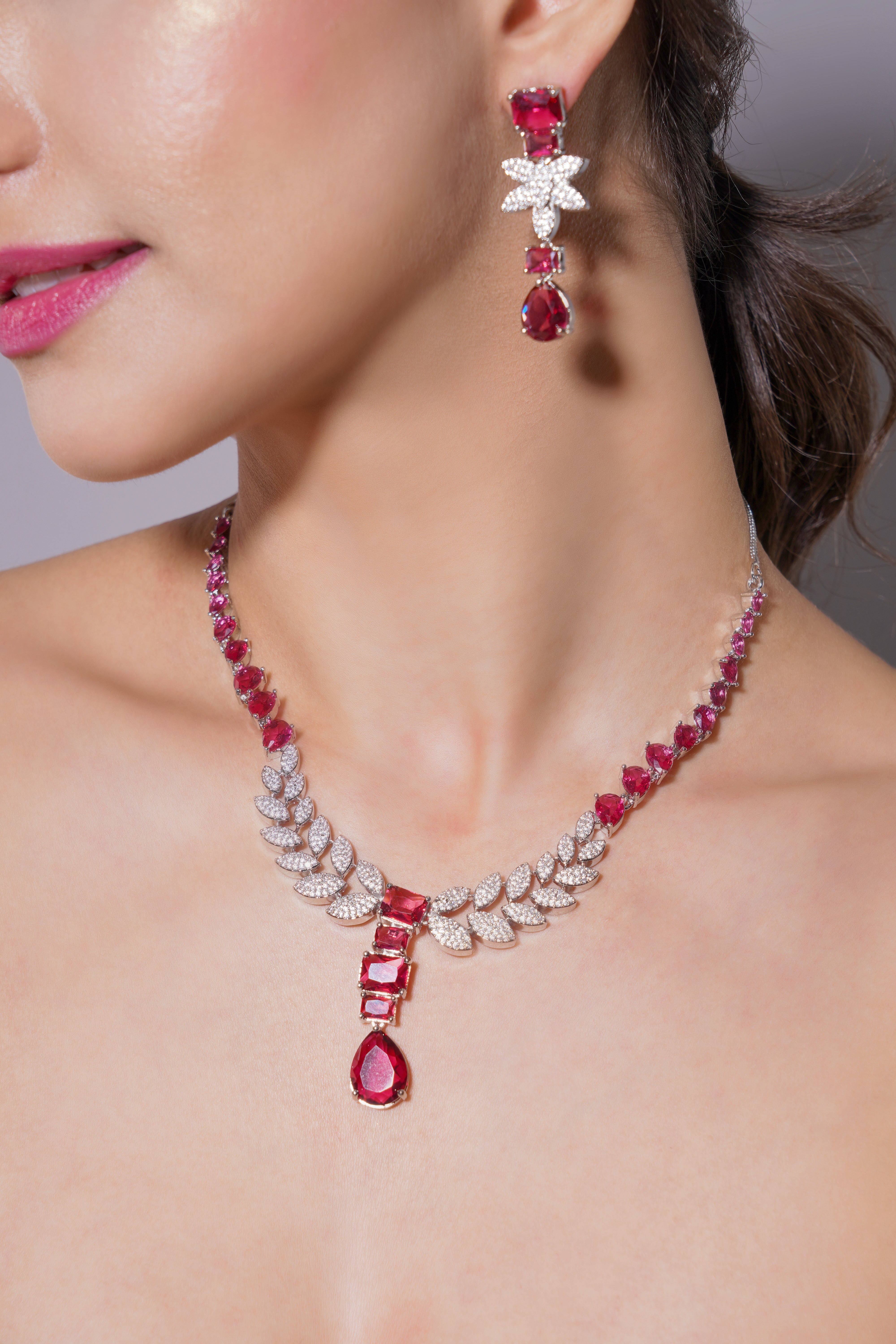 Amaita Ruby Red Platinum Polish Leaf Design Necklace & Earrings