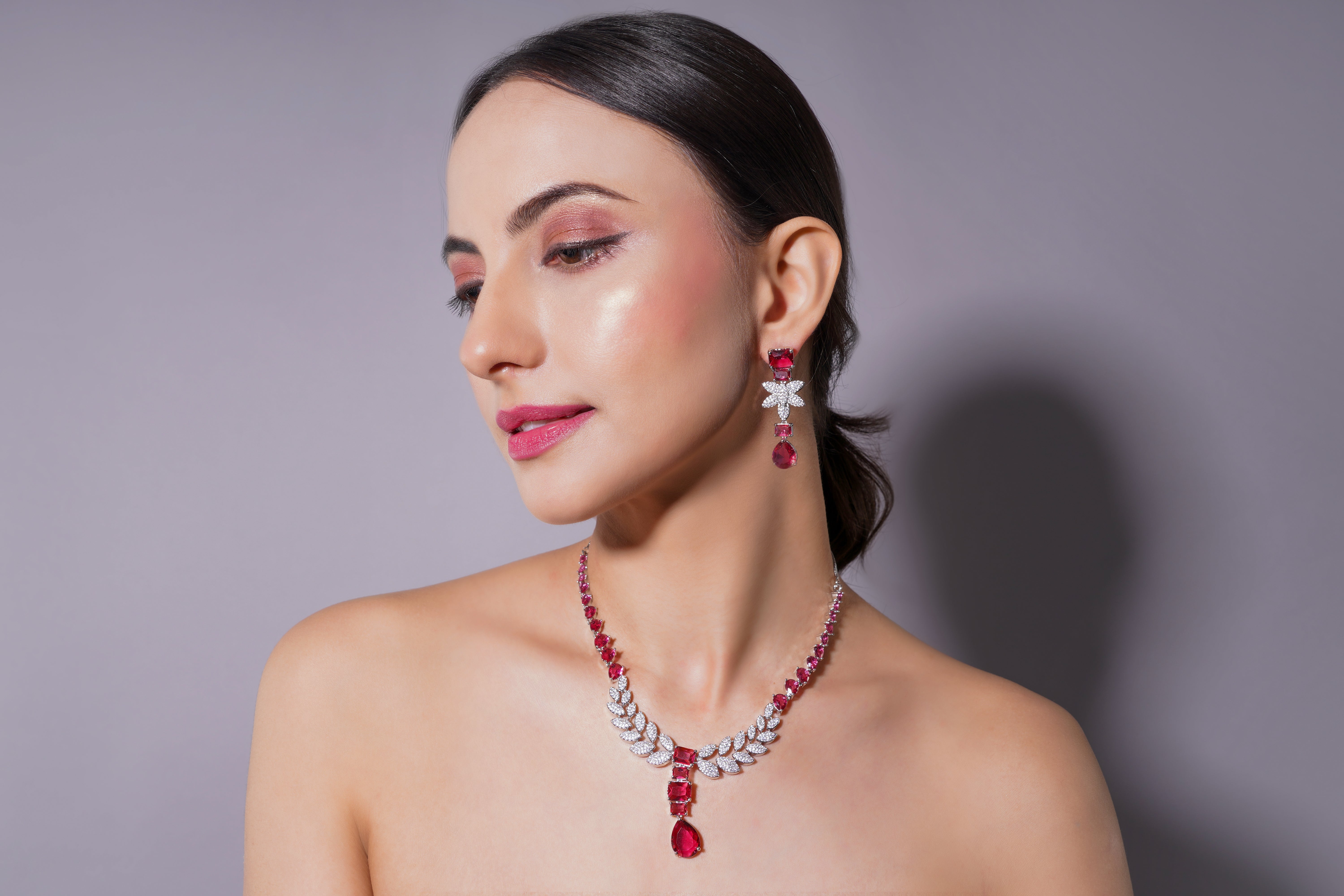 Amaita Ruby Red Platinum Polish Leaf Design Necklace & Earrings