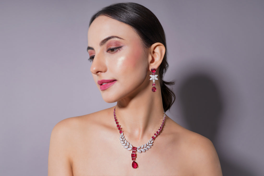Amaita Ruby Red Platinum Polish Leaf Design Necklace & Earrings