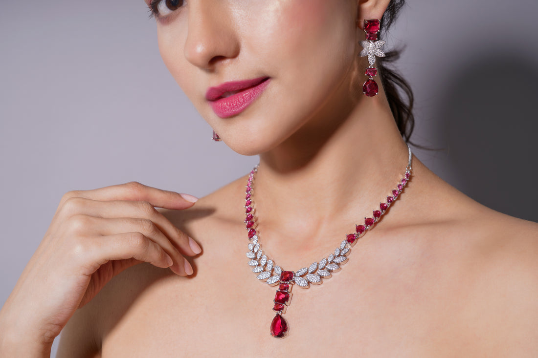 Amaita Ruby Red Platinum Polish Leaf Design Necklace & Earrings
