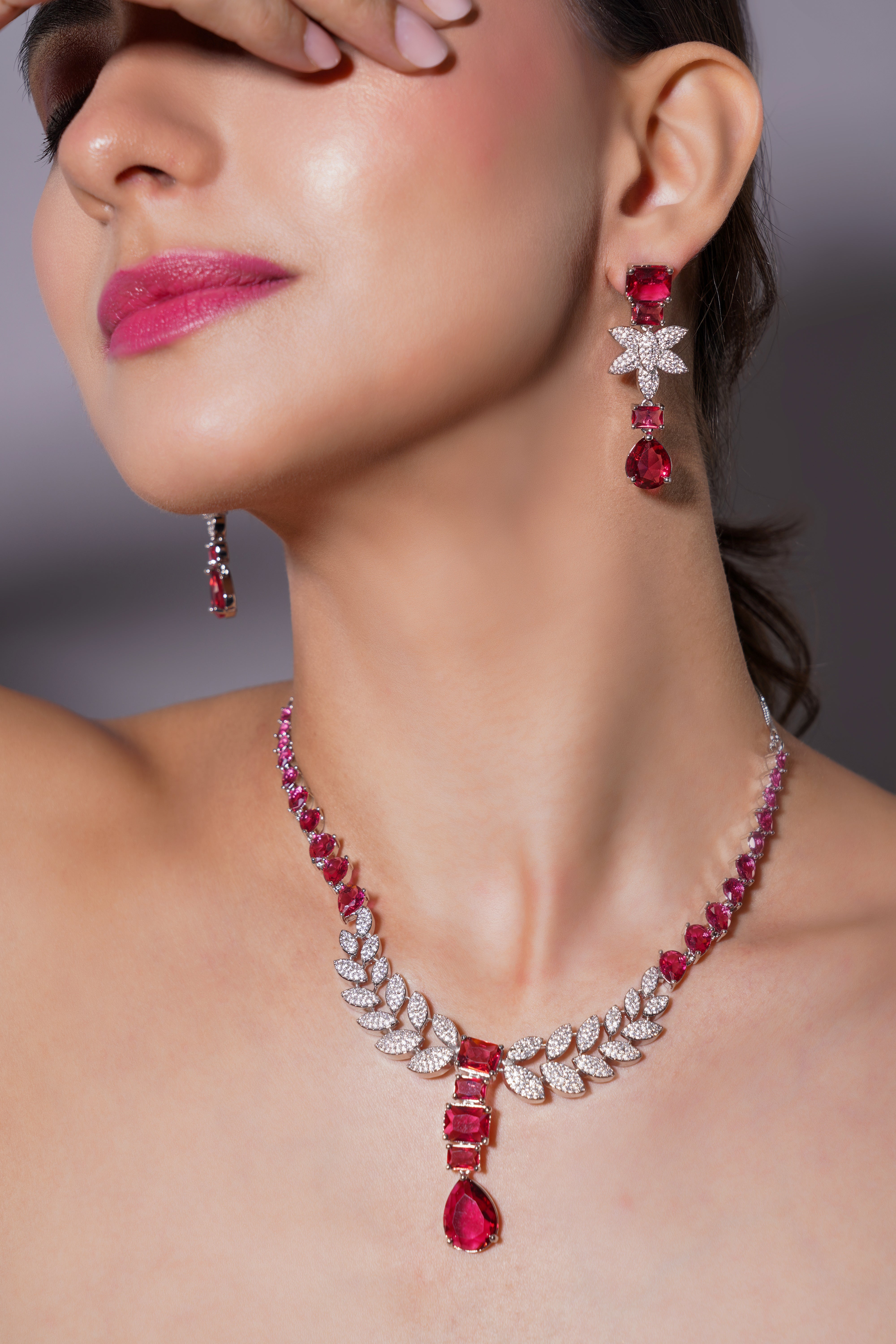Amaita Ruby Red Platinum Polish Leaf Design Necklace & Earrings
