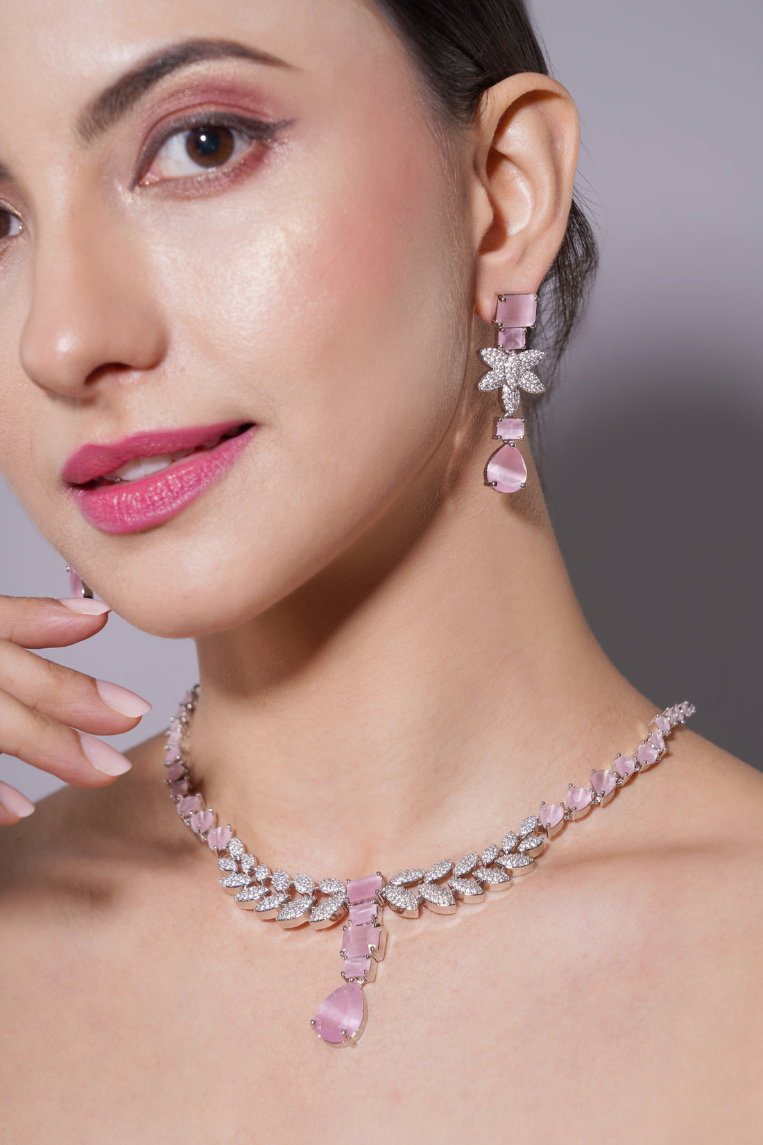 Amaita Rose Pink Platinum Polish Leaf Necklace with Earrings