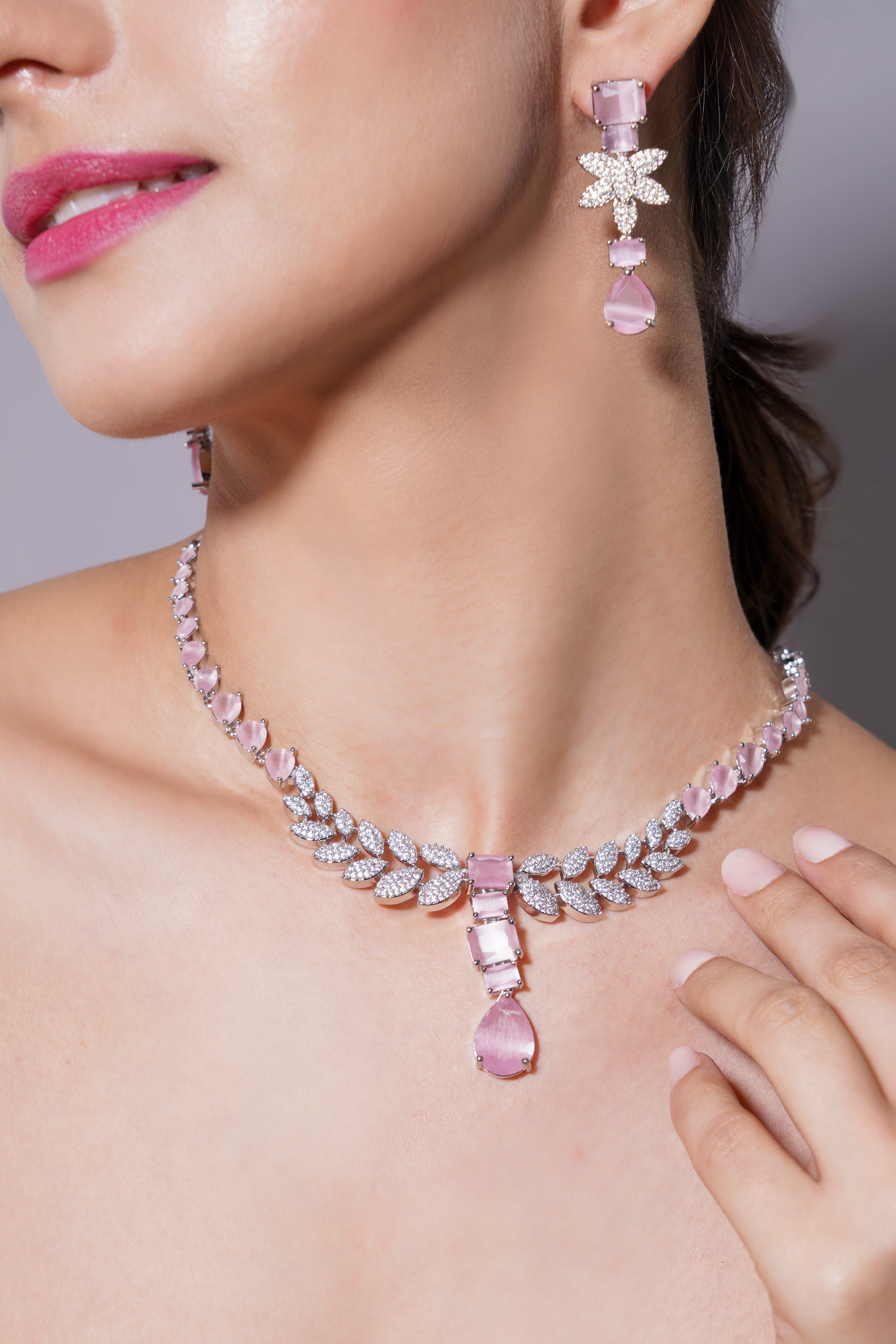 Amaita Rose Pink Platinum Polish Leaf Necklace with Earrings