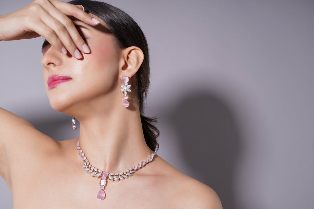 Amaita Rose Pink Platinum Polish Leaf Necklace with Earrings