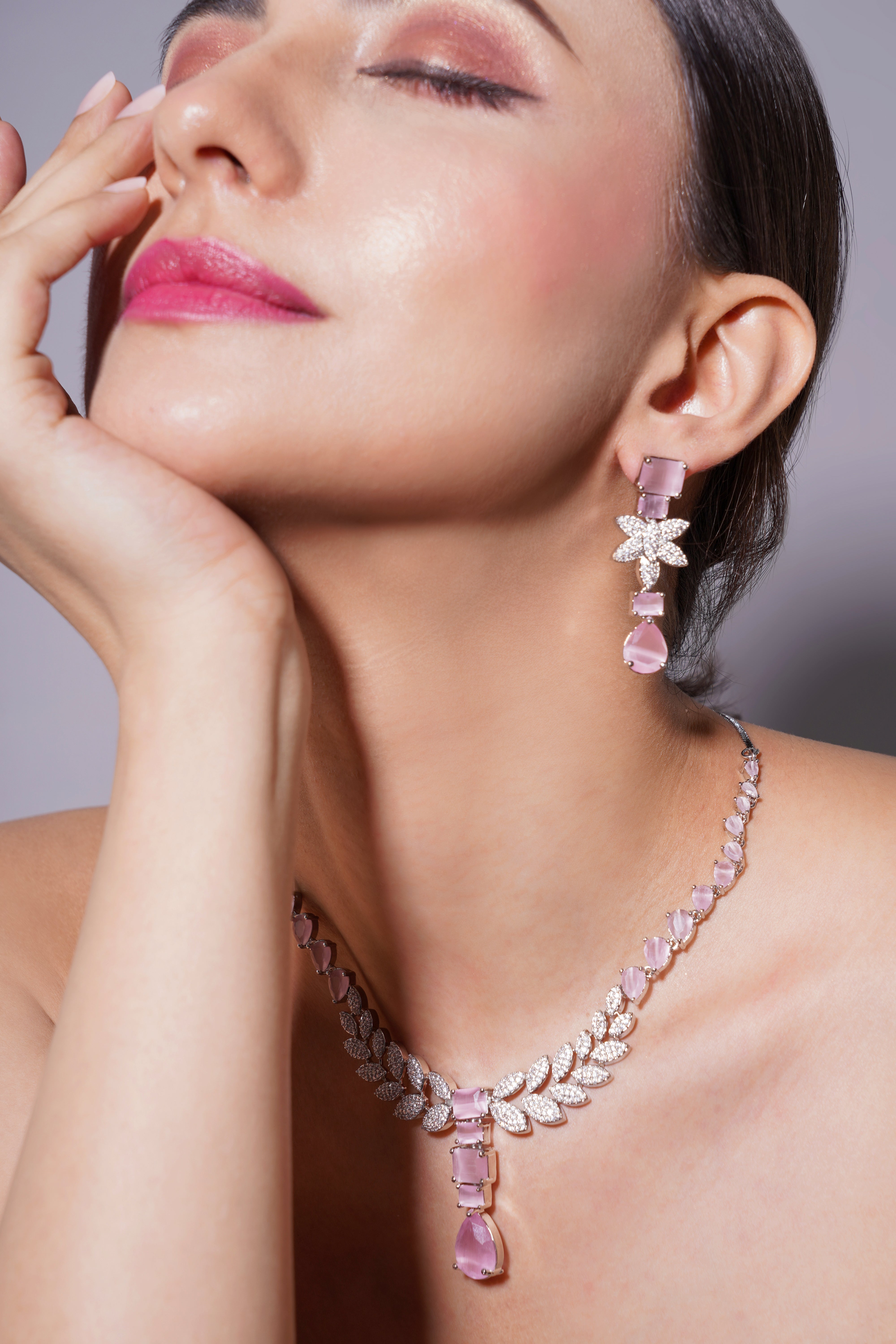 Amaita Rose Pink Platinum Polish Leaf Necklace with Earrings