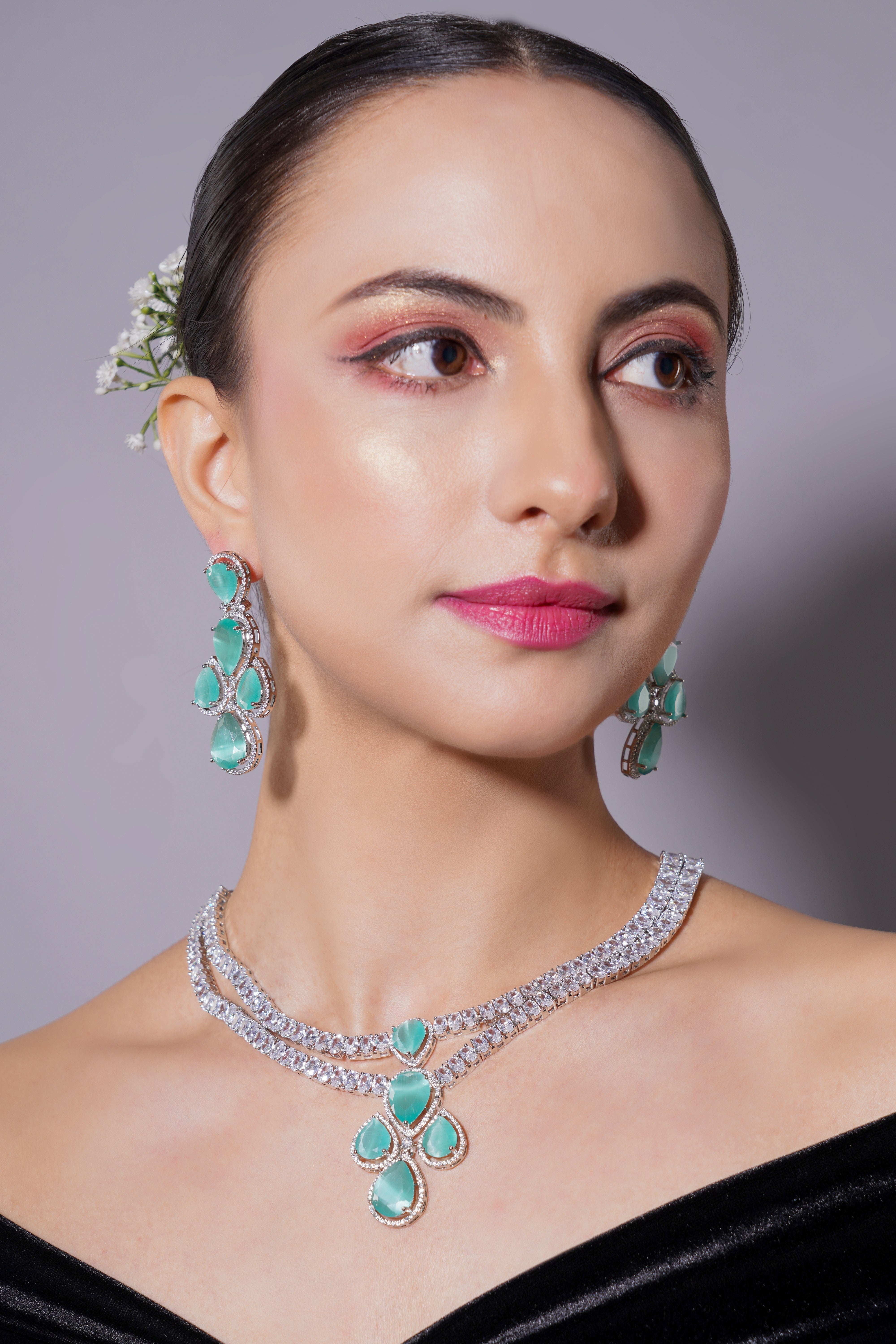 Amaita Chic Turquoise Green Platinum Polish Drop Stone Necklace & Earrings