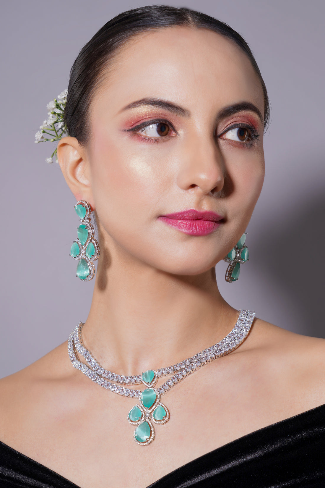 Amaita Chic Turquoise Green Platinum Polish Drop Stone Necklace & Earrings