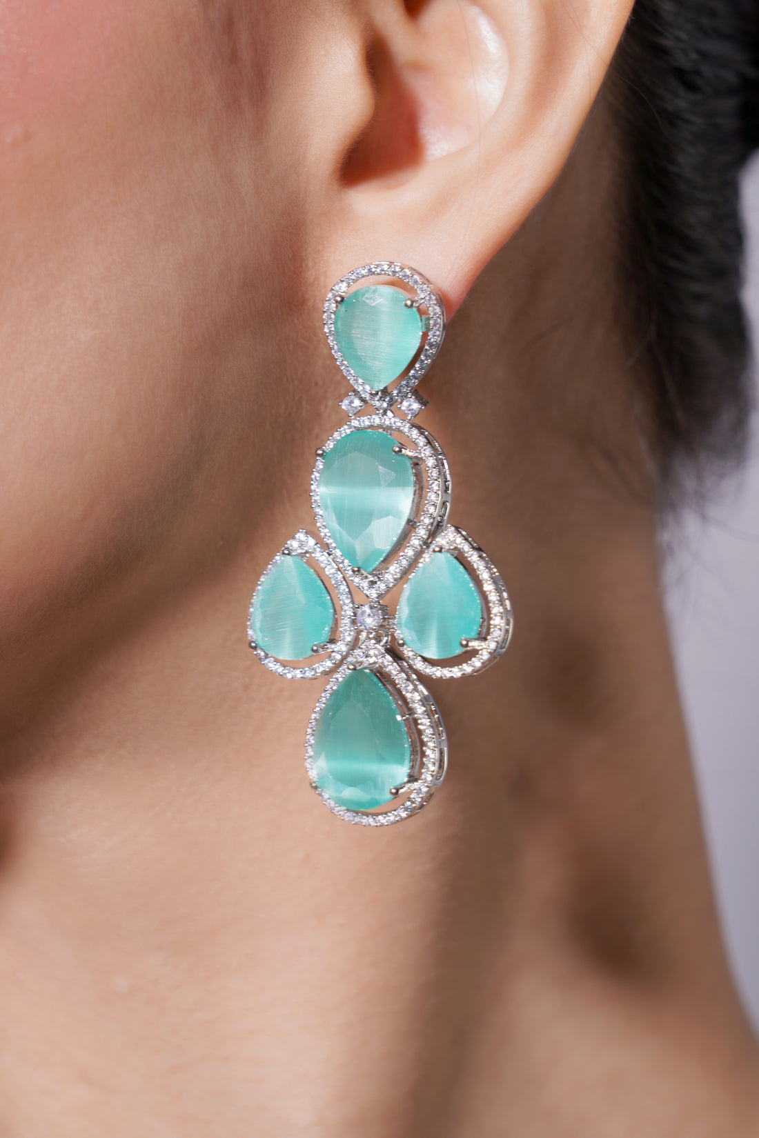 Amaita Chic Turquoise Green Platinum Polish Drop Stone Necklace & Earrings