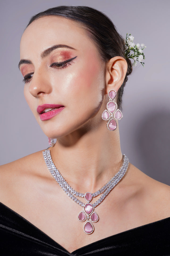Amaita Ruby Rose Platinum Polish Drop Stone Necklace & Earrings