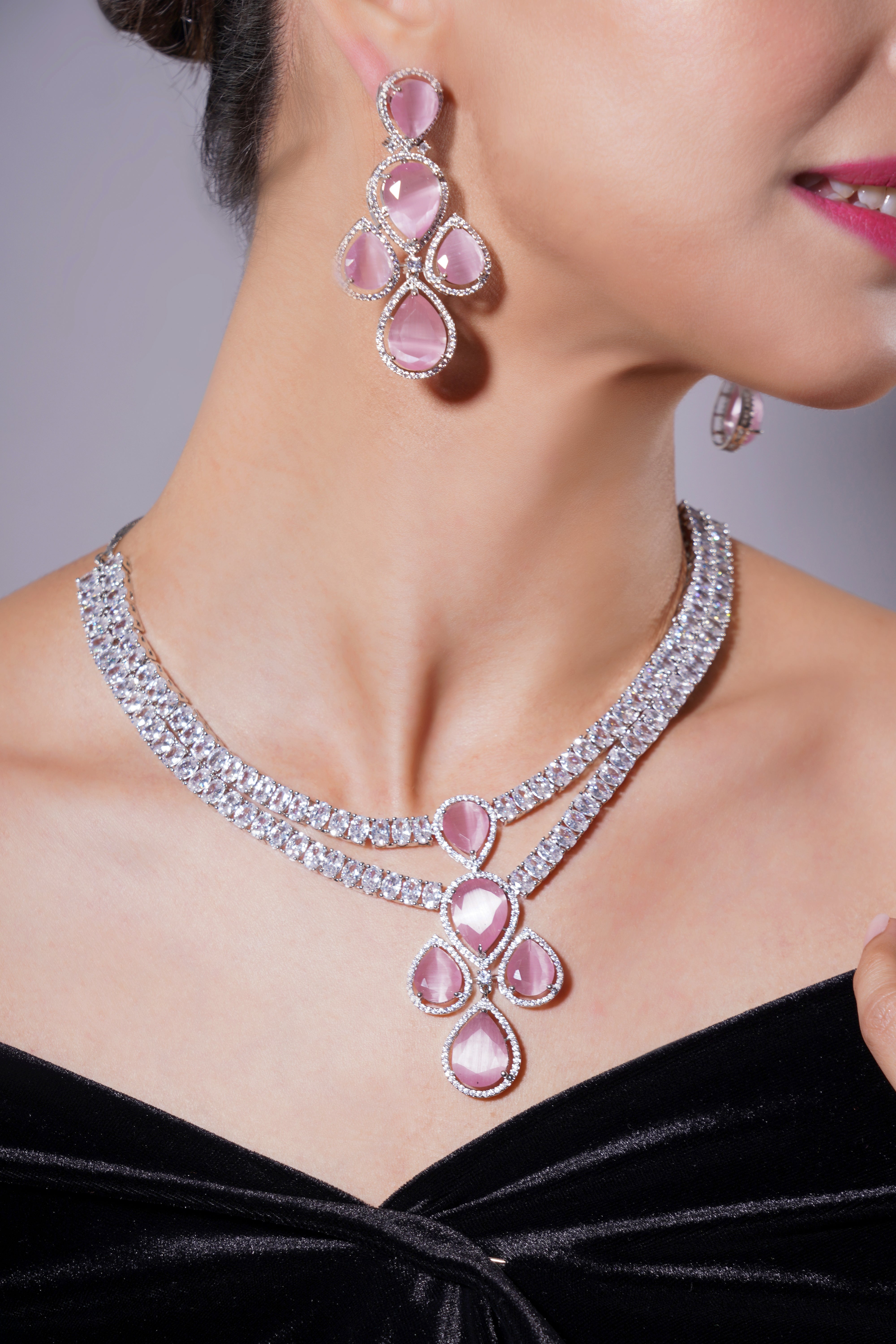 Amaita Ruby Rose Platinum Polish Drop Stone Necklace & Earrings