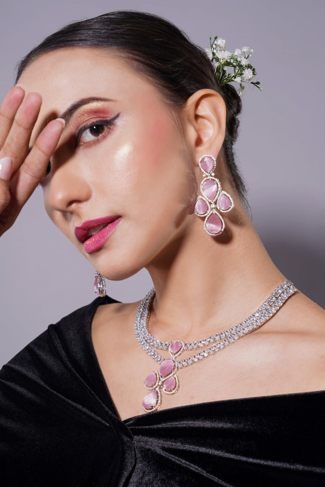 Amaita Ruby Rose Platinum Polish Drop Stone Necklace & Earrings