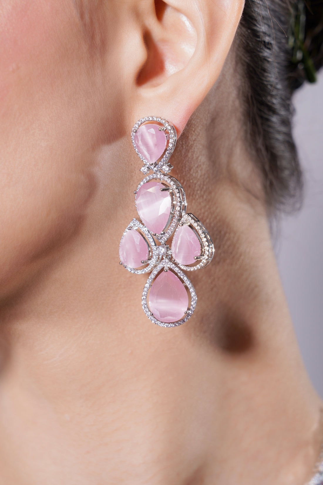 Amaita Ruby Rose Platinum Polish Drop Stone Necklace & Earrings