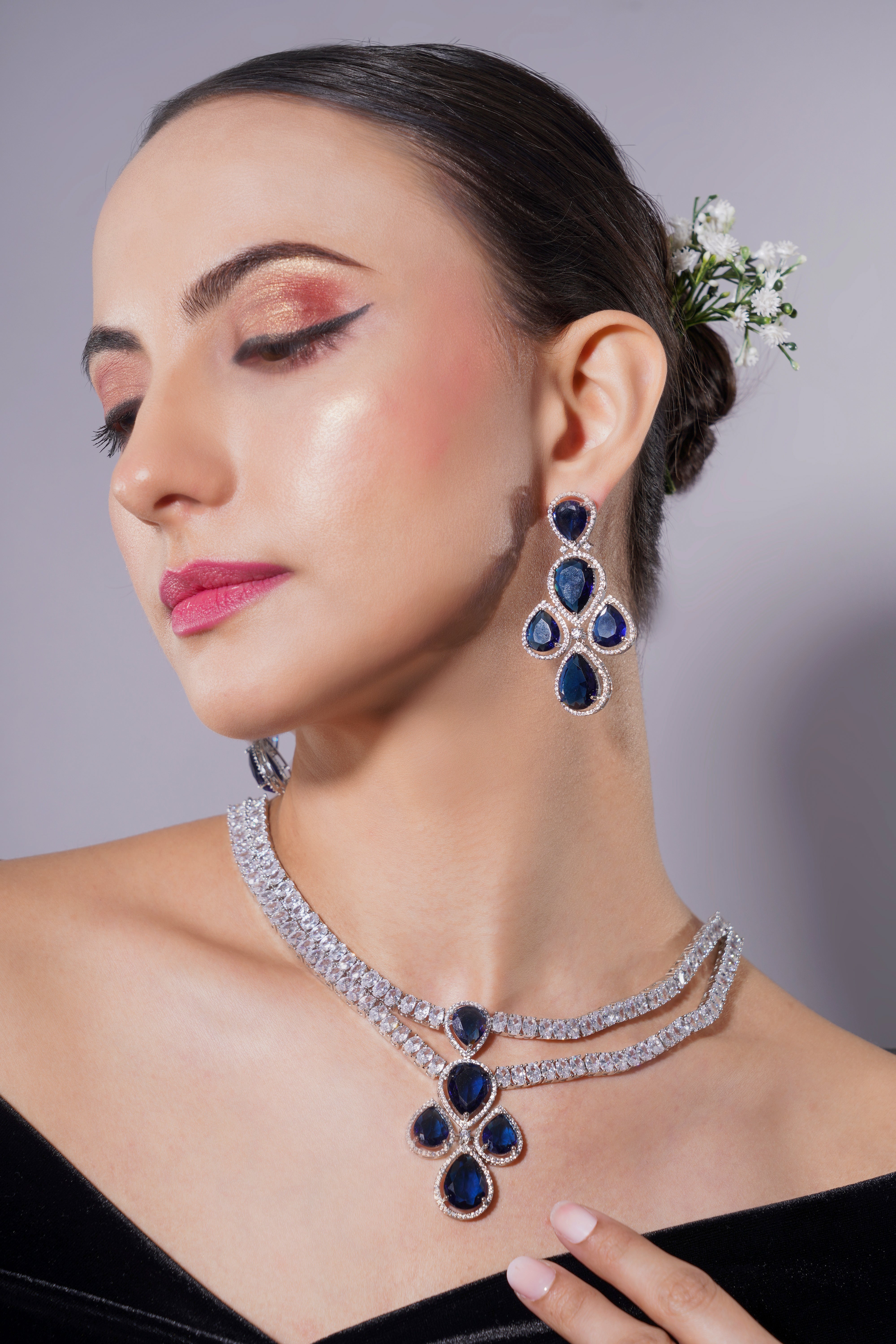 Amaita Sapphire Blue Platinum Polish Drop Necklace & Earrings