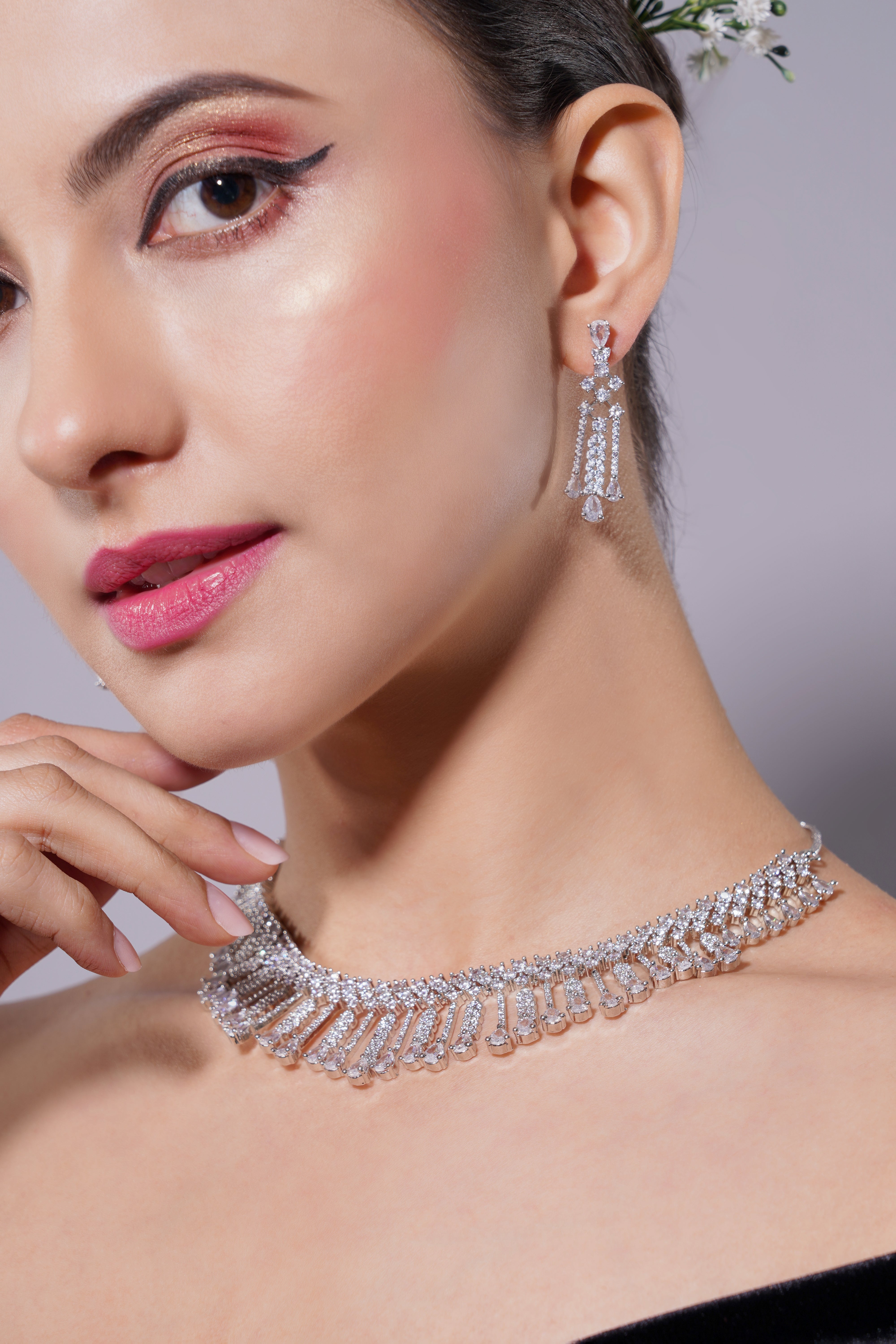 Amaita Platinum Polish White AD Waterfall Necklace & Earrings