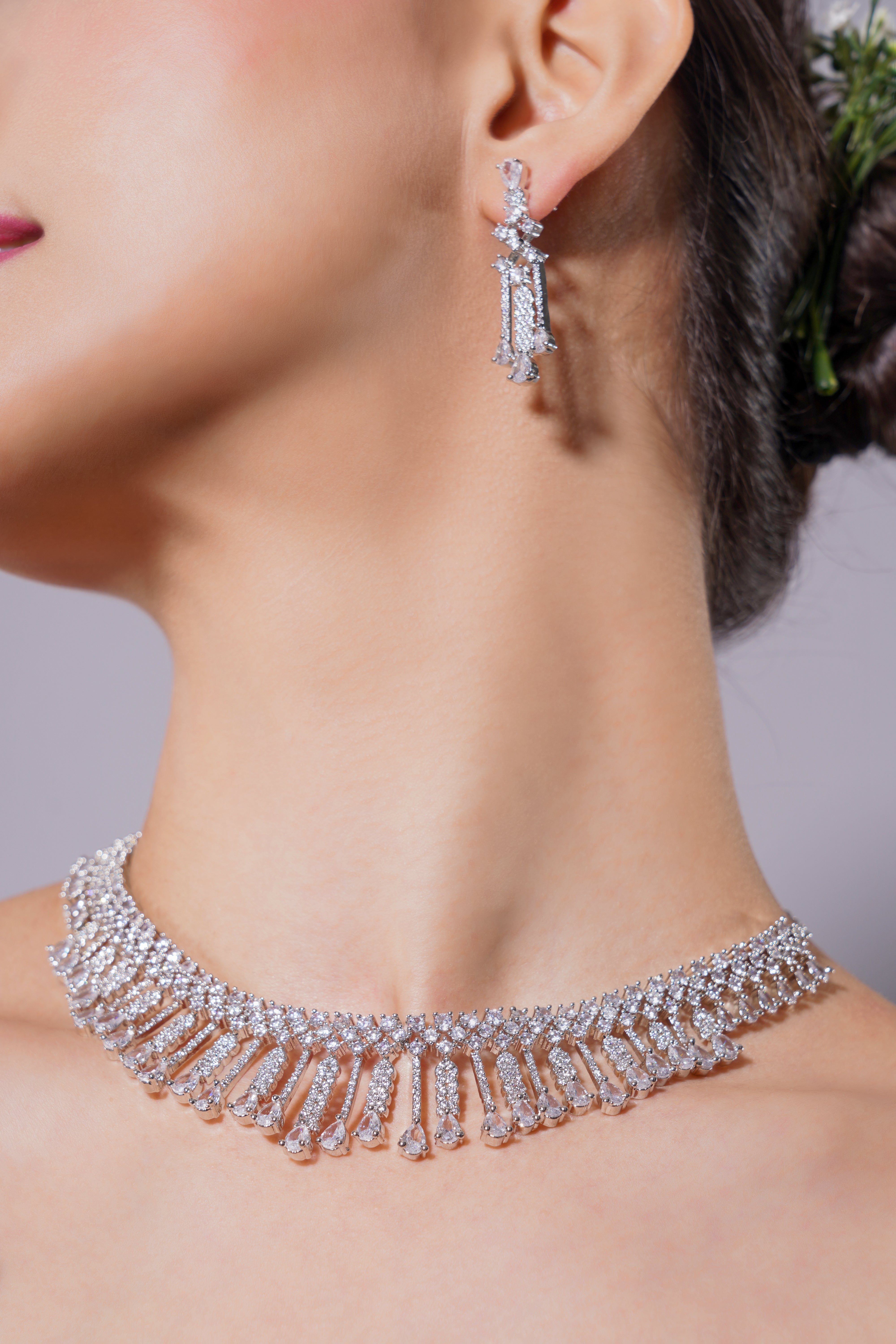 Amaita Platinum Polish White AD Waterfall Necklace & Earrings