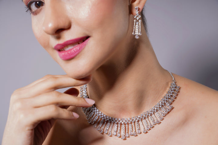 Amaita Platinum Polish White AD Waterfall Necklace & Earrings