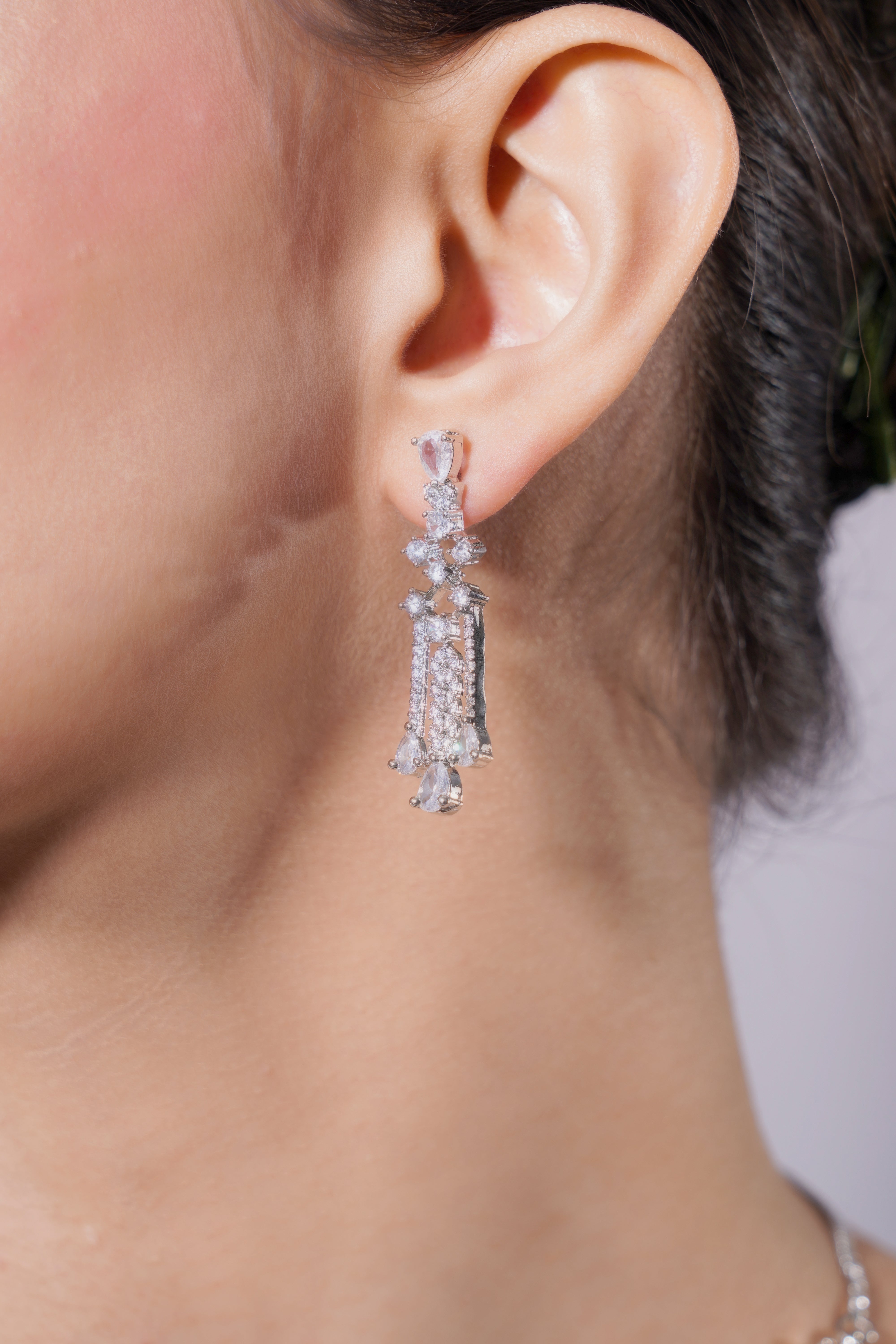 Amaita Platinum Polish White AD Waterfall Necklace & Earrings