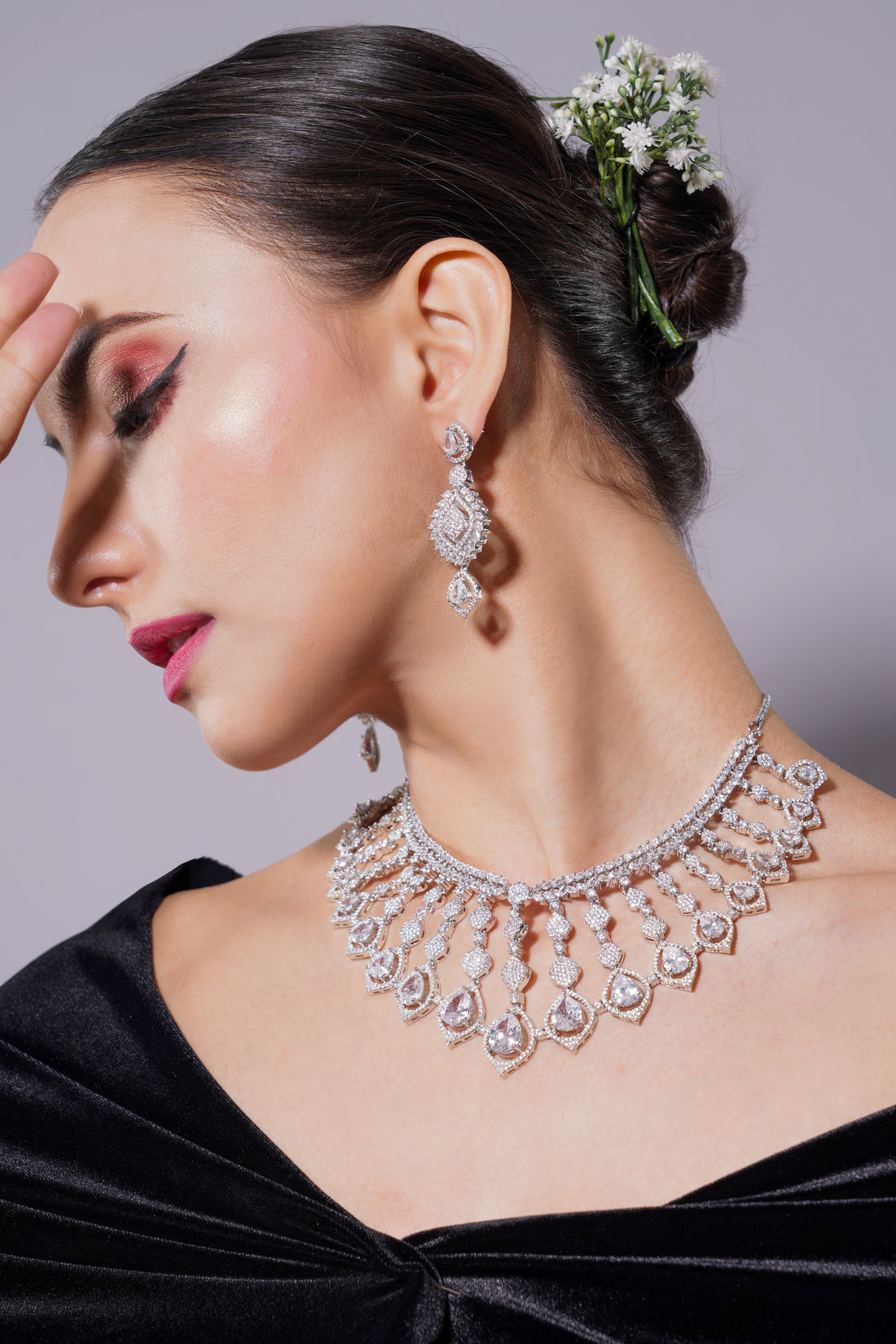 Amaita Platinum Polish White AD Fan Necklace & Earrings Set