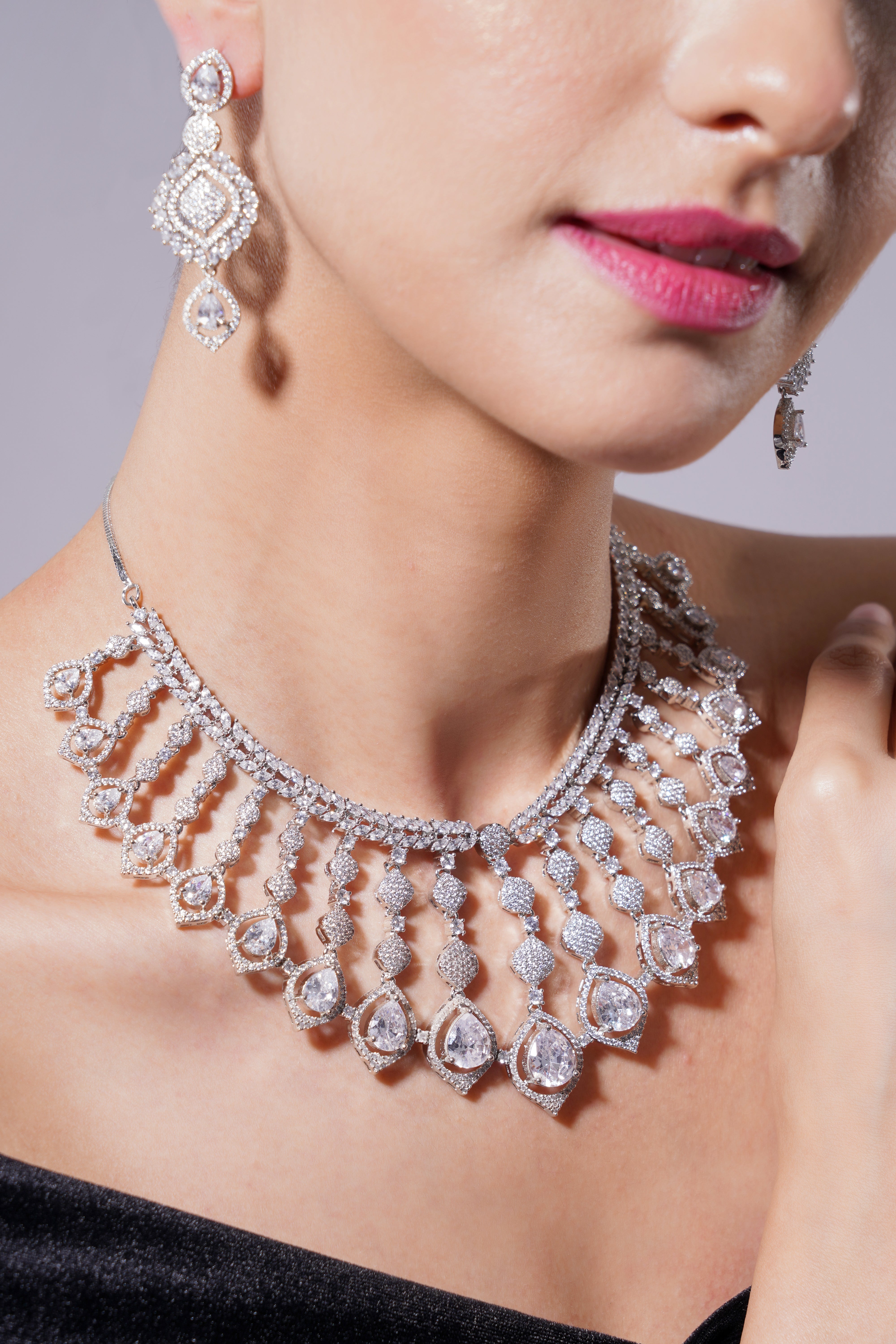 Amaita Platinum Polish White AD Fan Necklace & Earrings Set