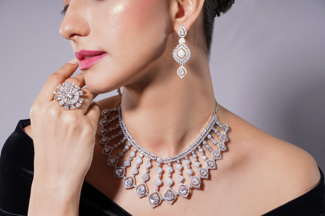 Amaita Platinum Polish White AD Fan Necklace & Earrings Set