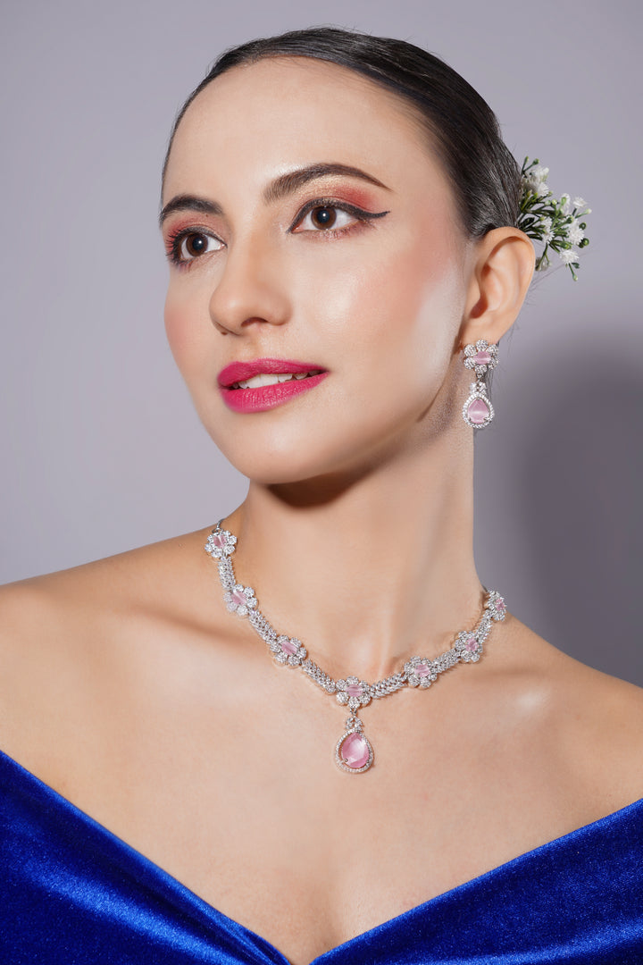Amaita Blush Pink Floral Design Platinum Polish Necklace Set