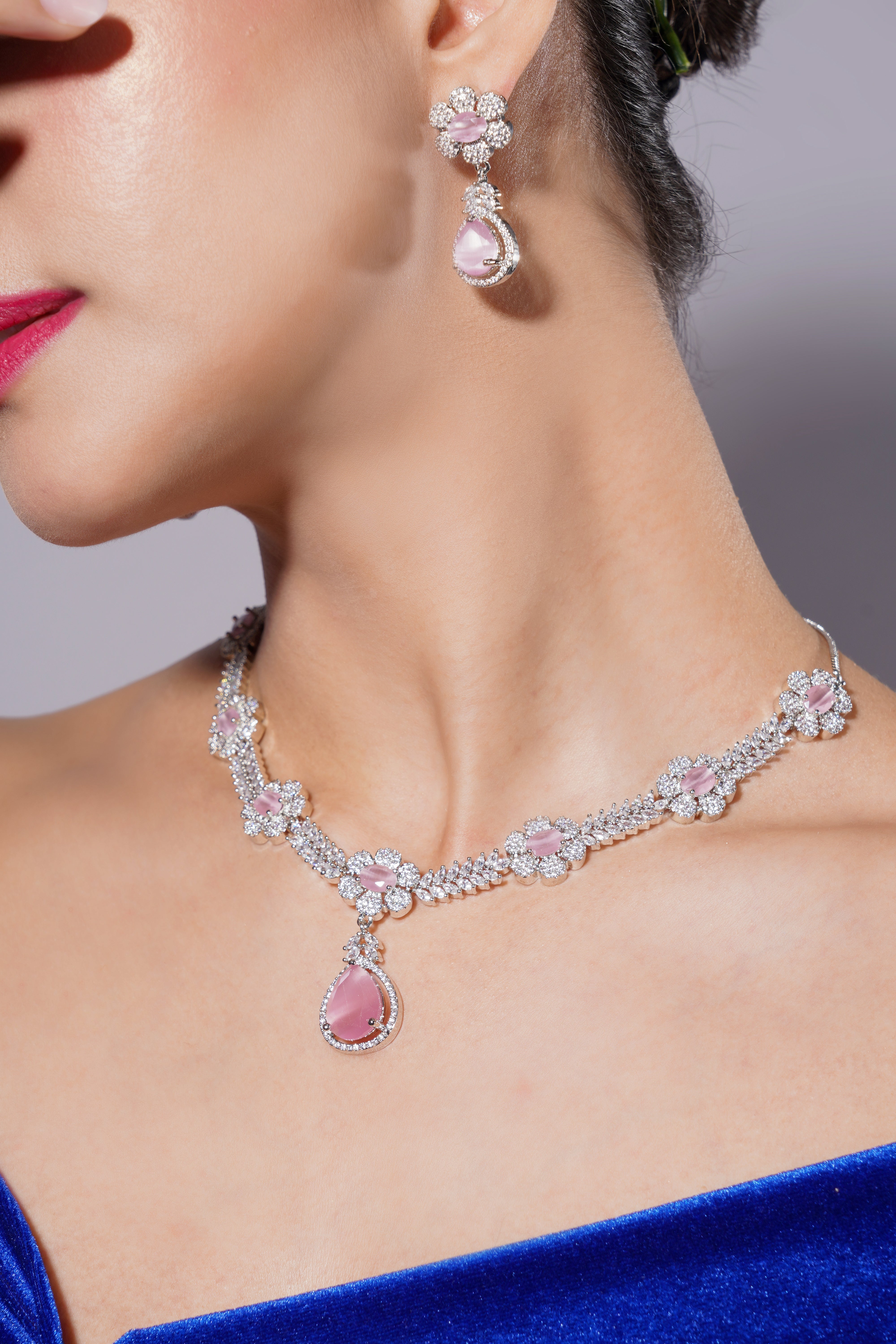 Amaita Blush Pink Floral Design Platinum Polish Necklace Set