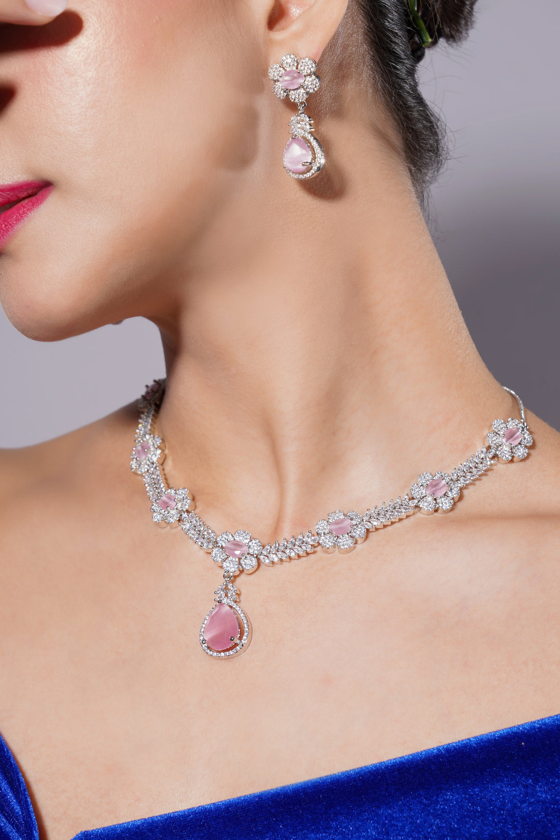 Amaita Blush Pink Floral Design Platinum Polish Necklace Set