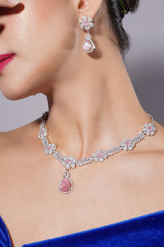 Amaita Blush Pink Floral Design Platinum Polish Necklace Set