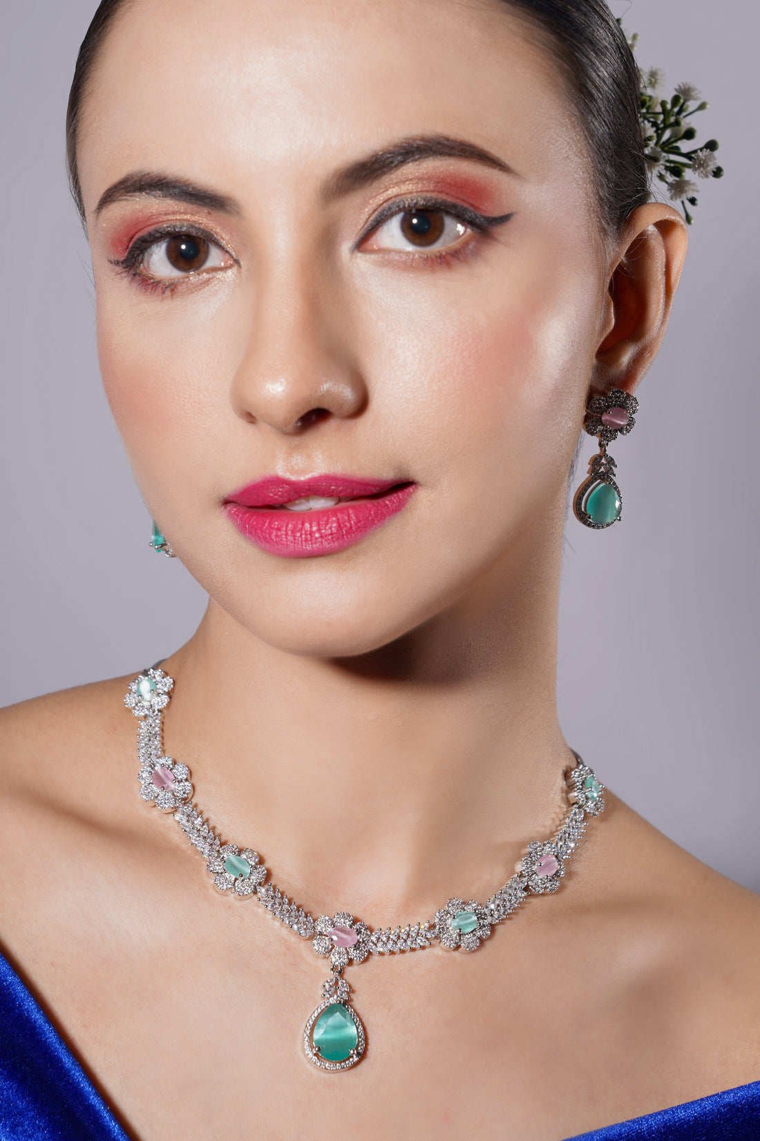 Amaita Elegant Platinum Finish Floral Necklace with Turquoise Stones