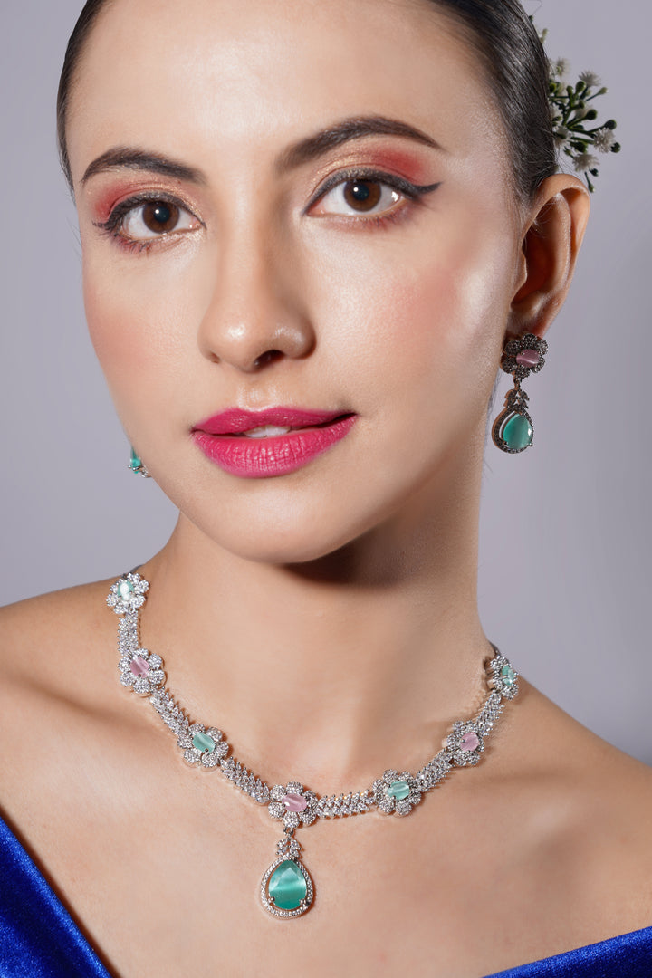 Amaita Elegant Platinum Finish Floral Necklace with Turquoise Stones