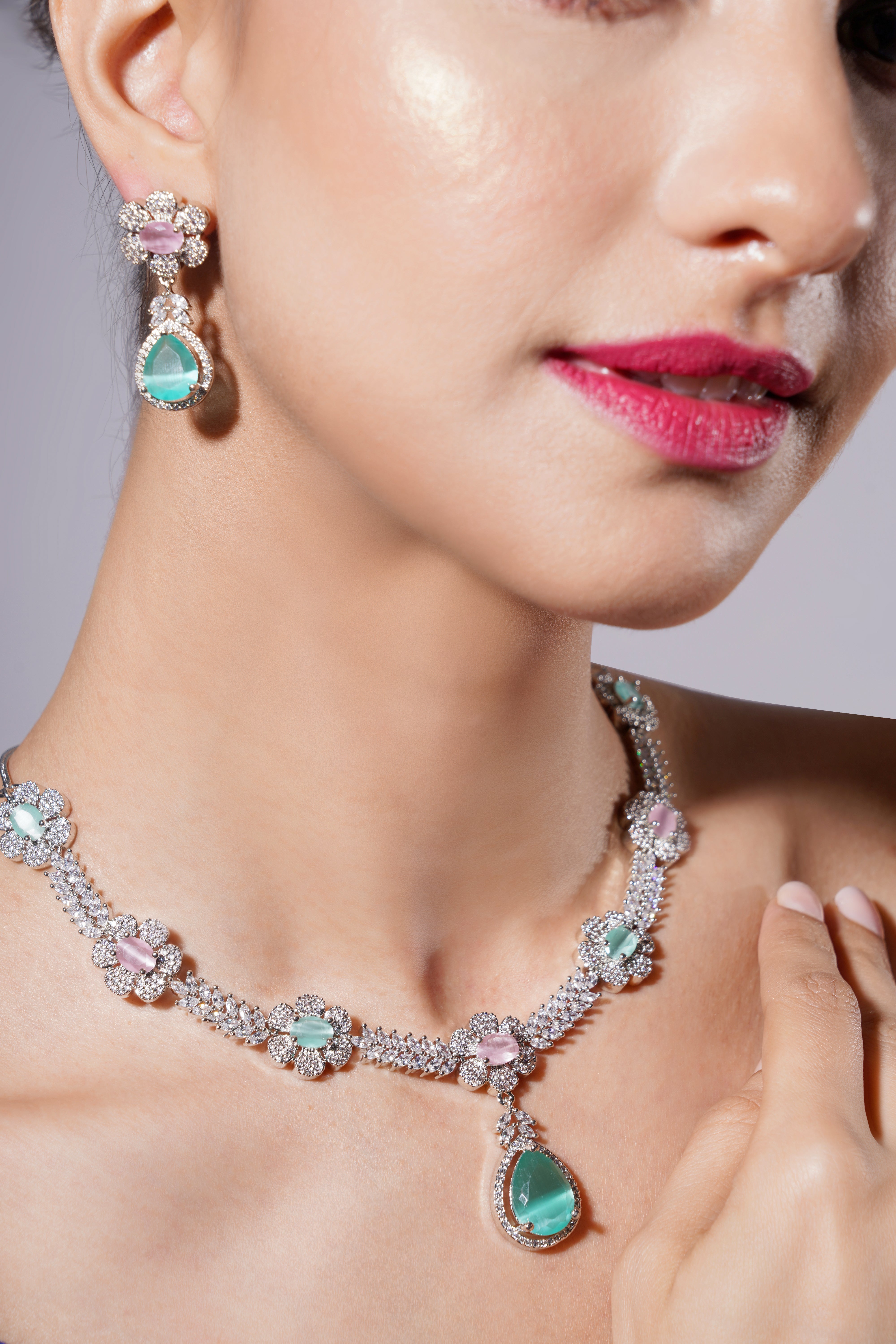 Amaita Elegant Platinum Finish Floral Necklace with Turquoise Stones