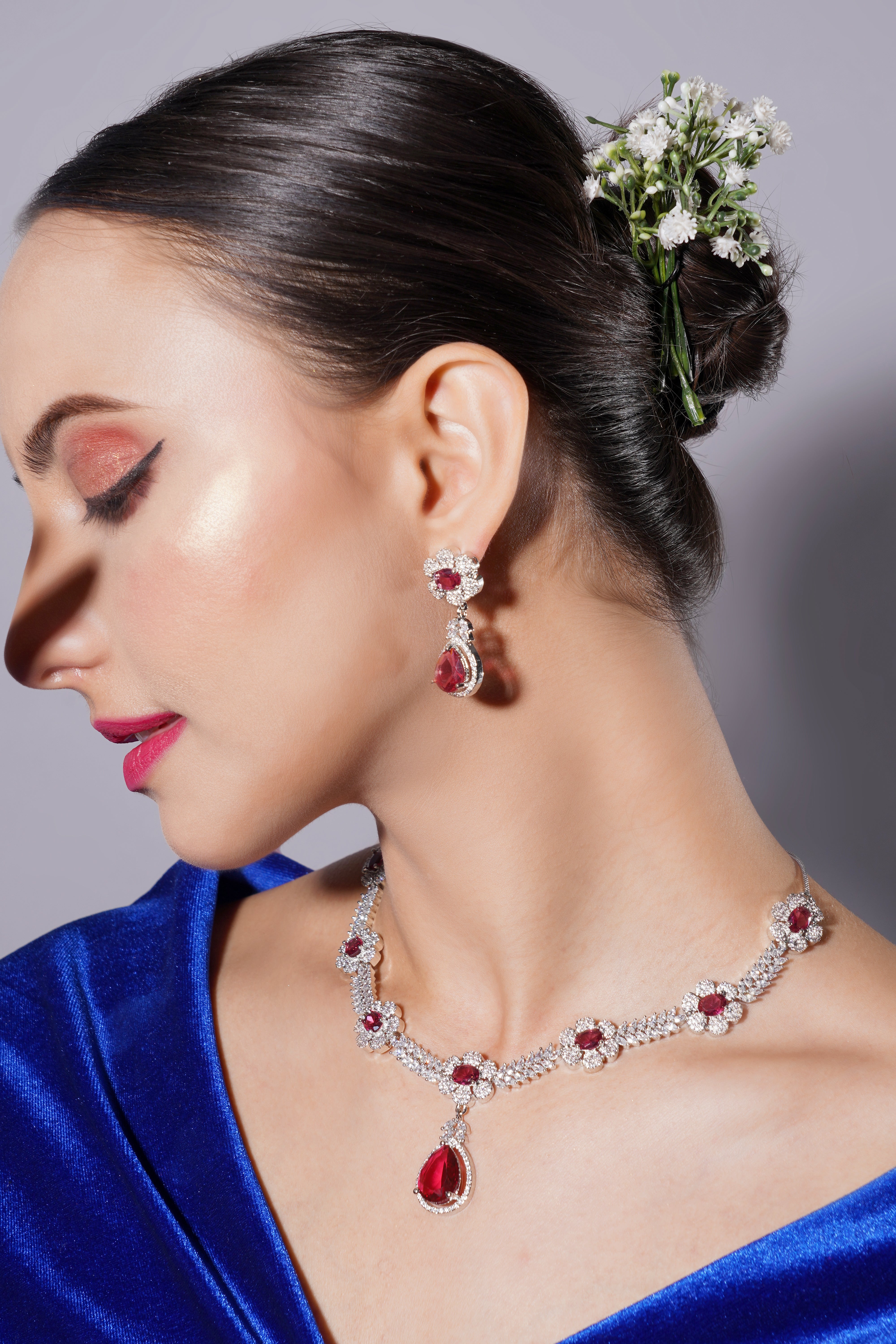 Amaita Radiant Platinum Polish Necklace & Earrings Set in Ruby Red Stones
