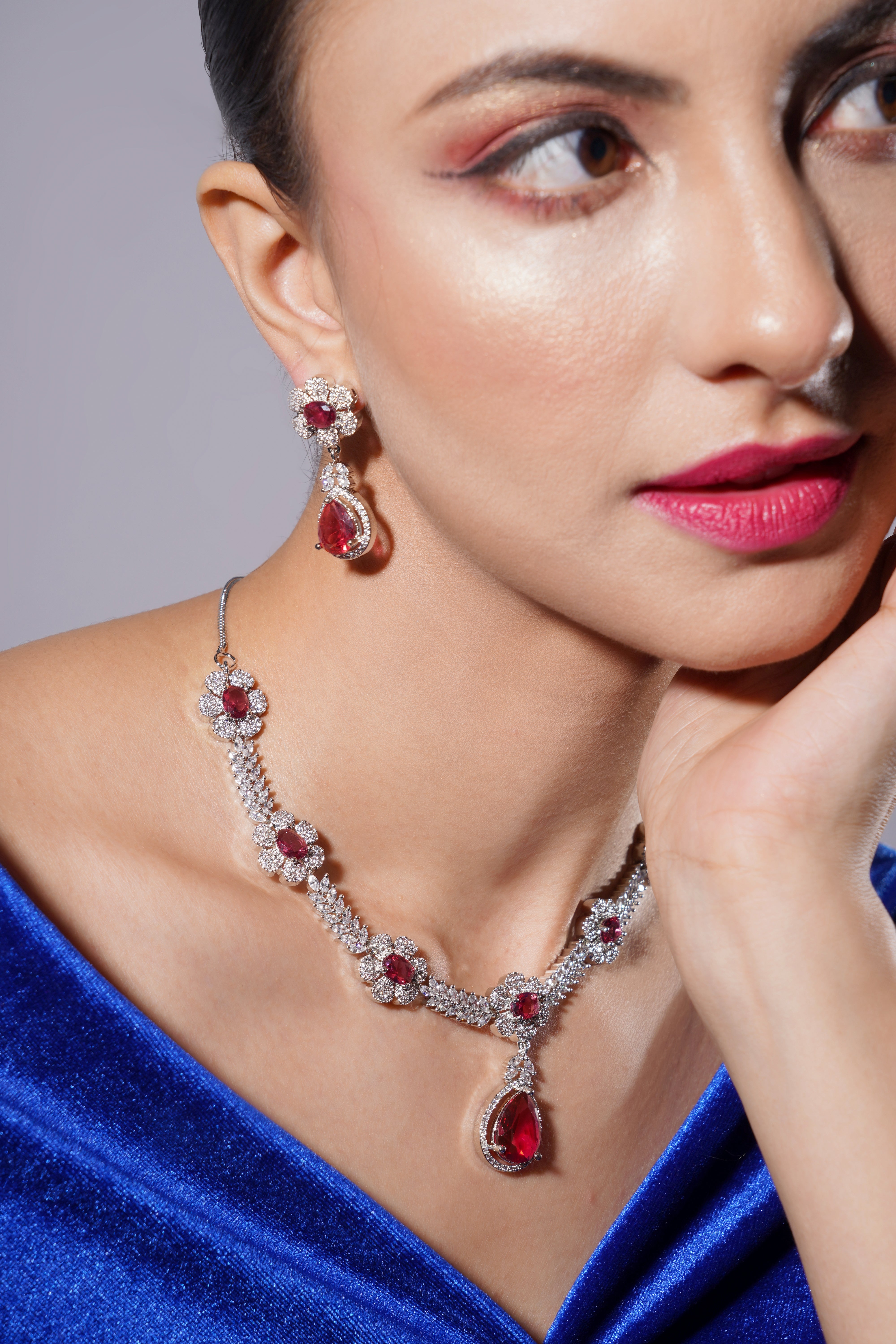 Amaita Radiant Platinum Polish Necklace & Earrings Set in Ruby Red Stones