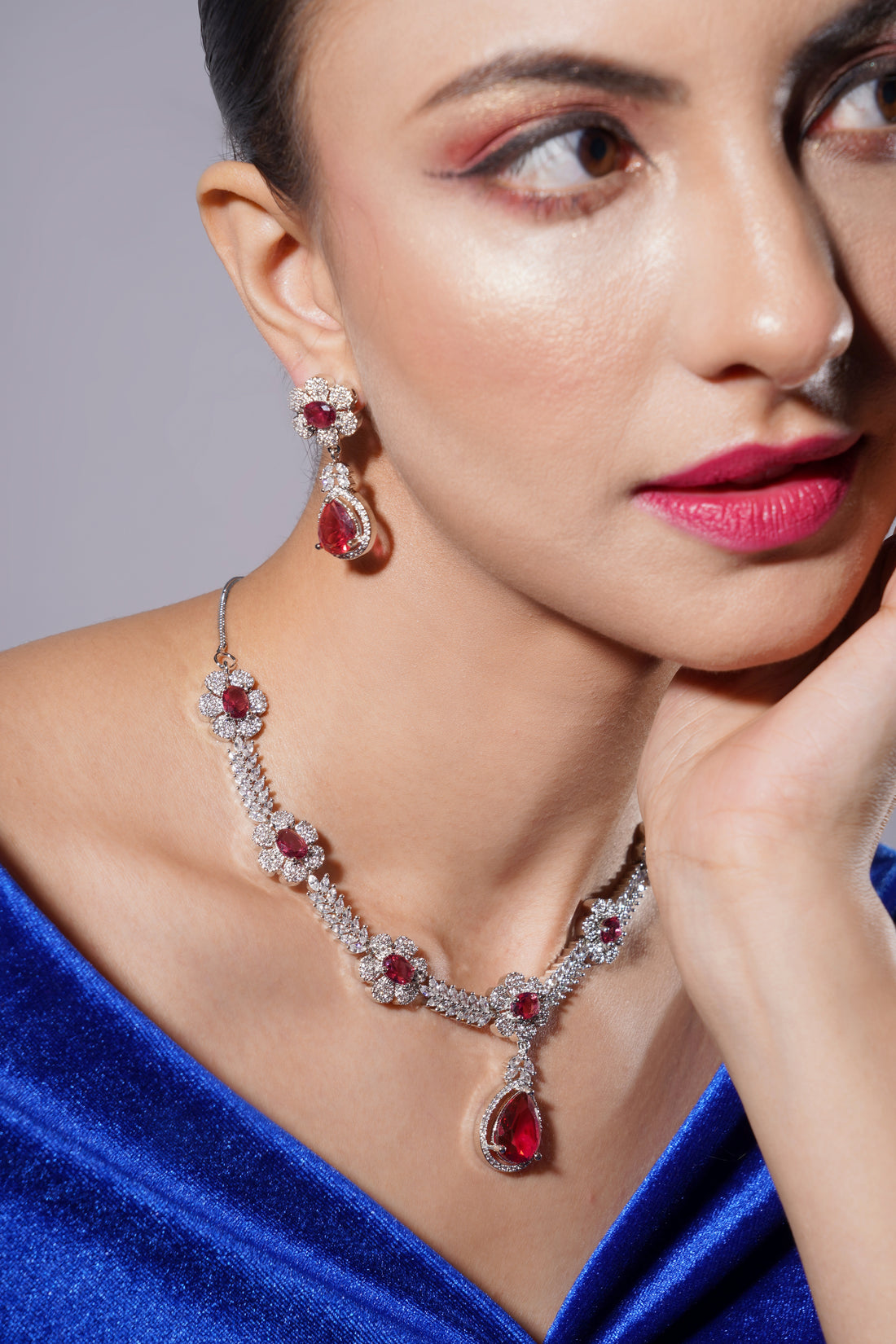 Amaita Radiant Platinum Polish Necklace & Earrings Set in Ruby Red Stones