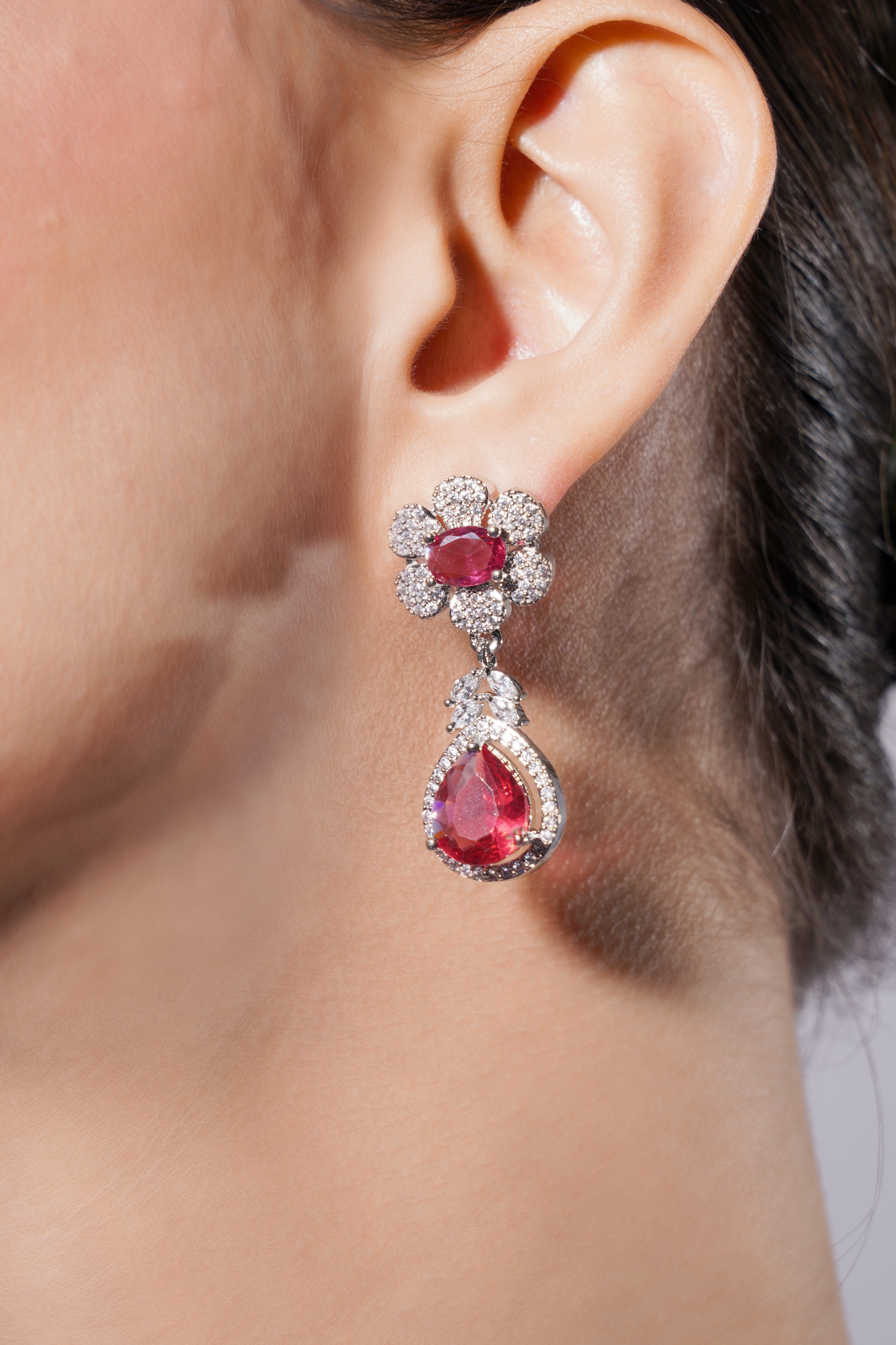 Amaita Radiant Platinum Polish Necklace & Earrings Set in Ruby Red Stones