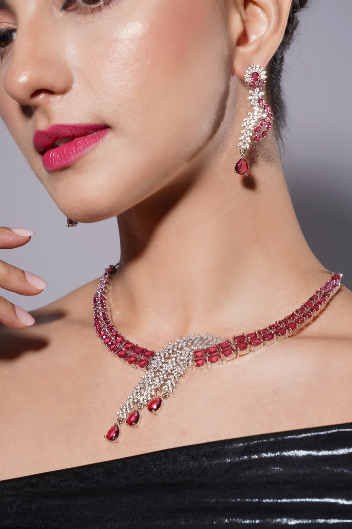 Amaita Ruby Double Line Curved Leaf Design Platinum Polish Necklace & Earrings Set