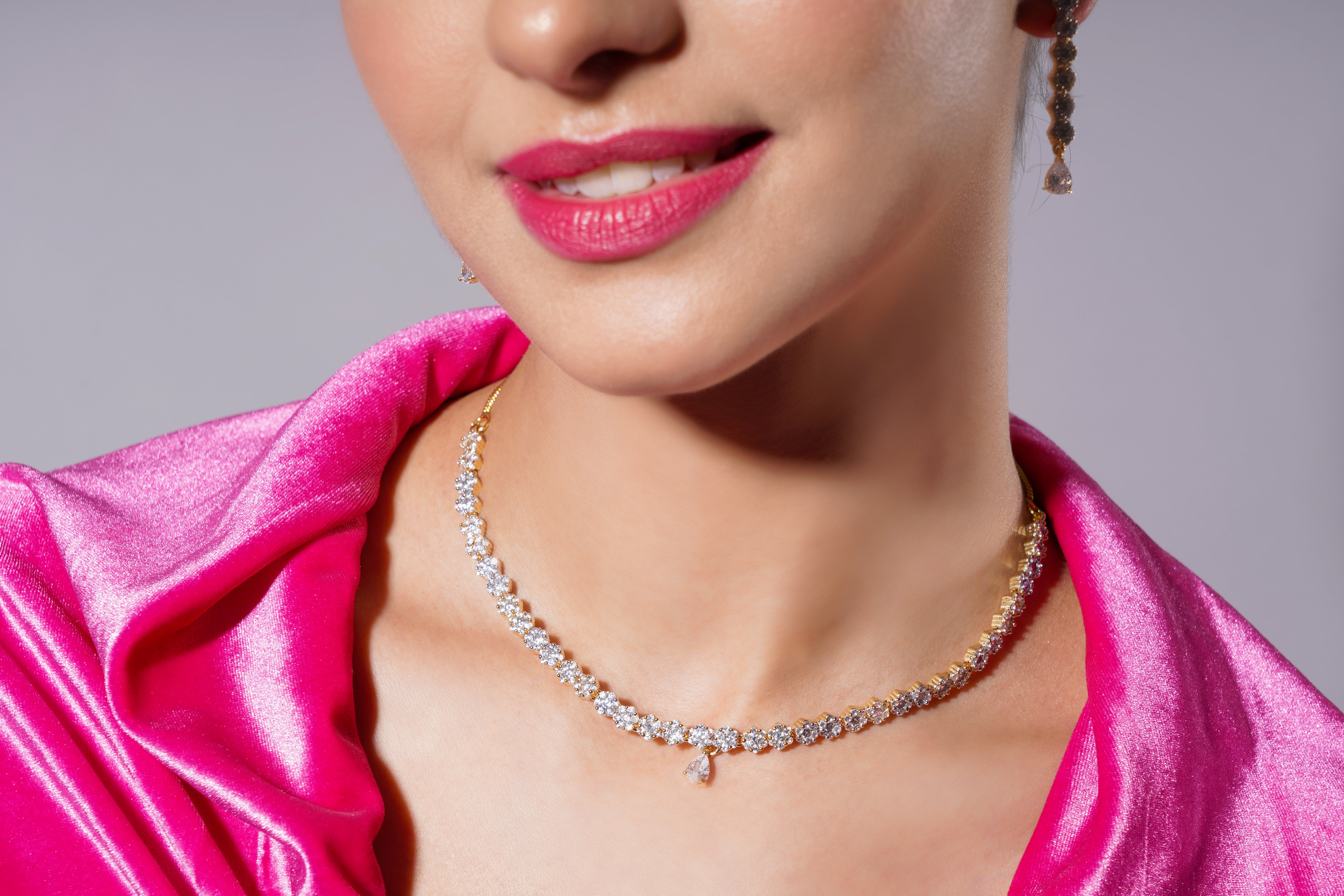 Amaita Platinum Finish Single Line Diamond Look Necklace Set