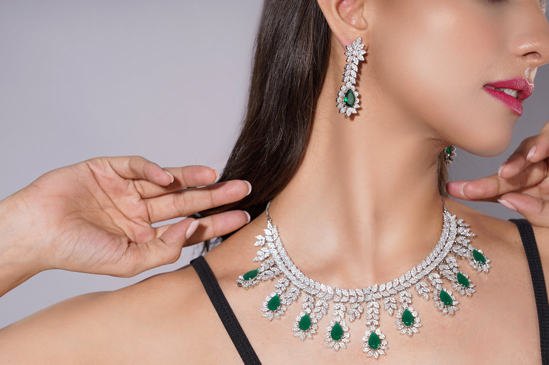 Amaita Bold Green Double Line Statement Stone Jewellery Set