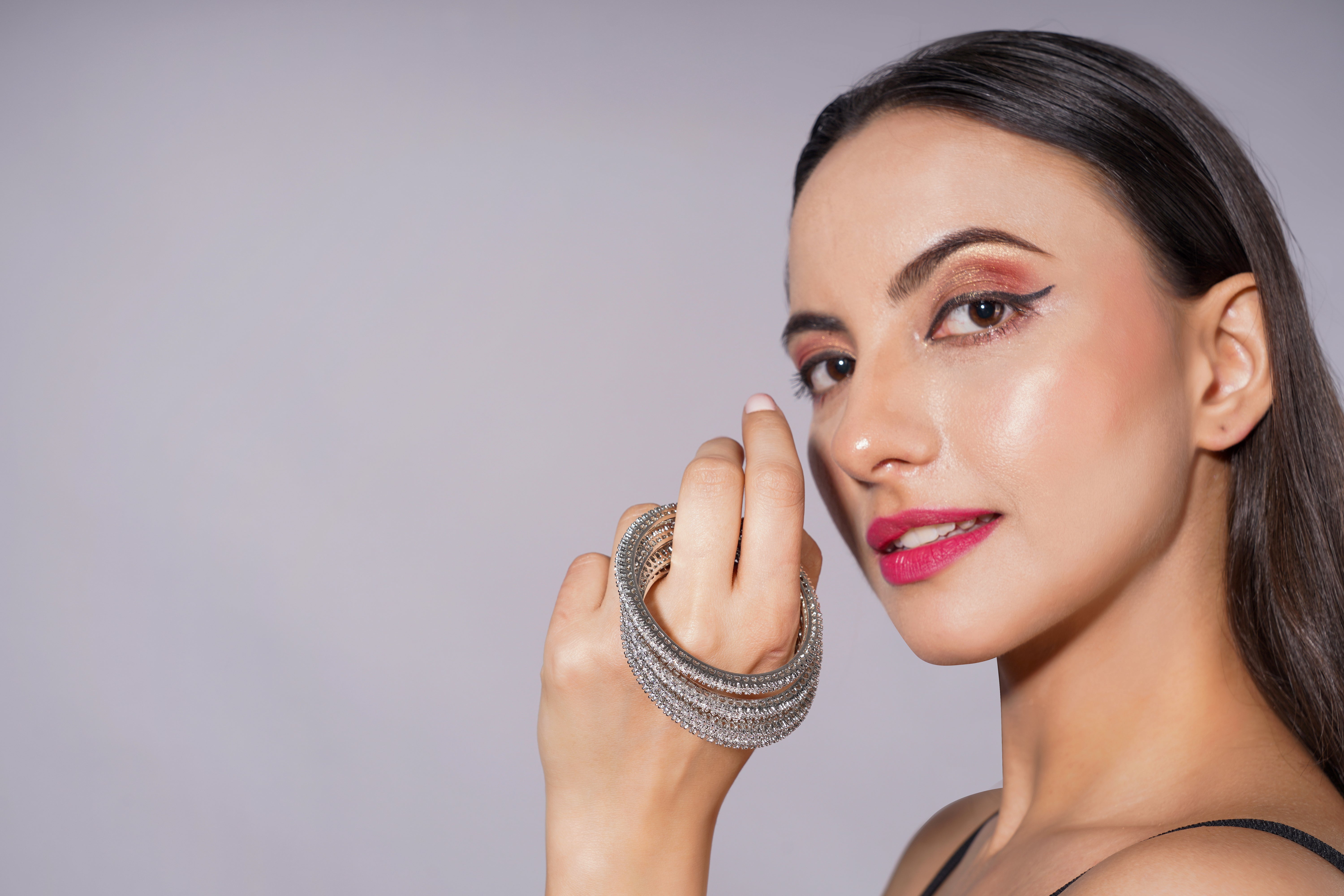 Amaita Platinum Finish Diamond Look Bangle Set