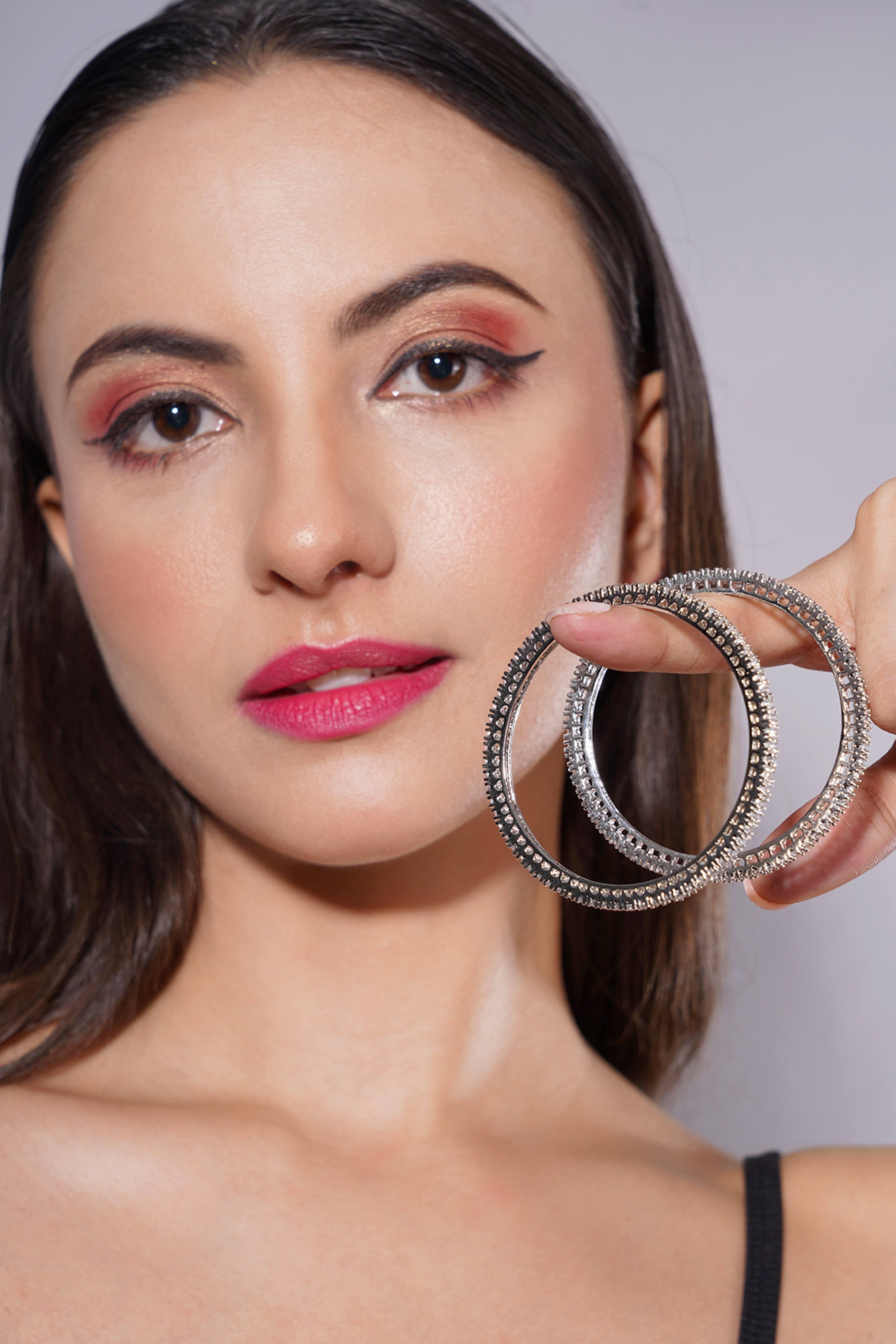 Amaita Platinum Finish Diamond Look Bangle Set