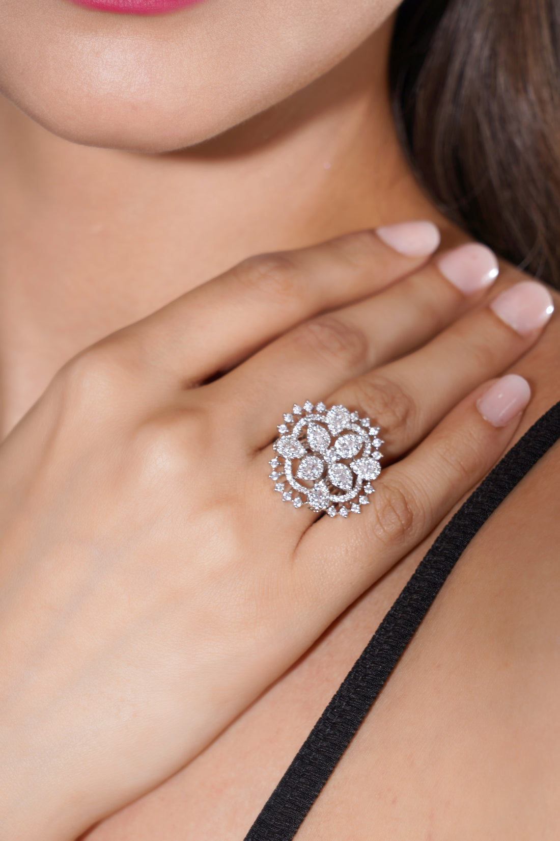 Amaita Platinum Finish Round Cluster Diamond Look Ring