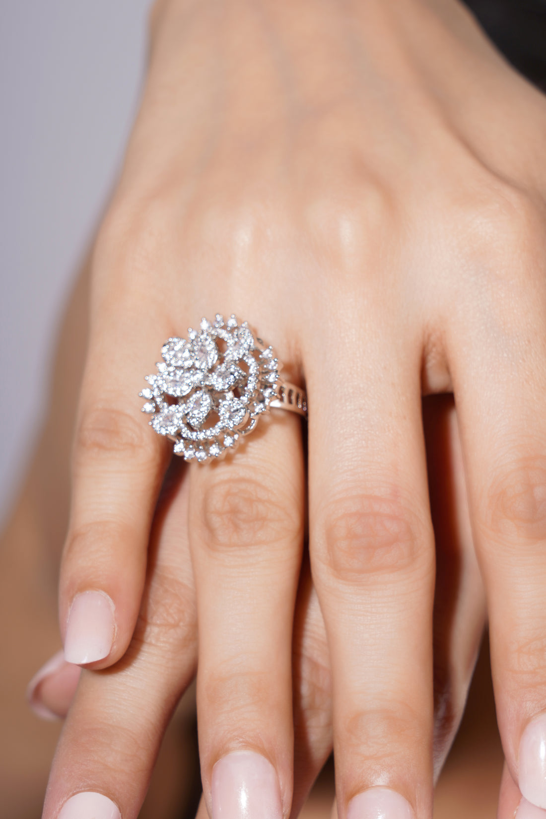 Amaita Platinum Finish Round Cluster Diamond Look Ring