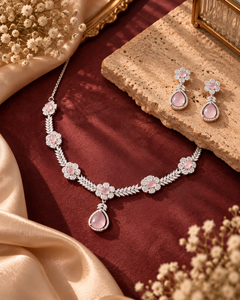 Demi-Fine Blush Pink AD Floral Design Necklace & Earrings Set – Platinum Polish