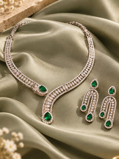 Demi-Fine Emerald AD Curve Design Necklace Set – Platinum Finish
