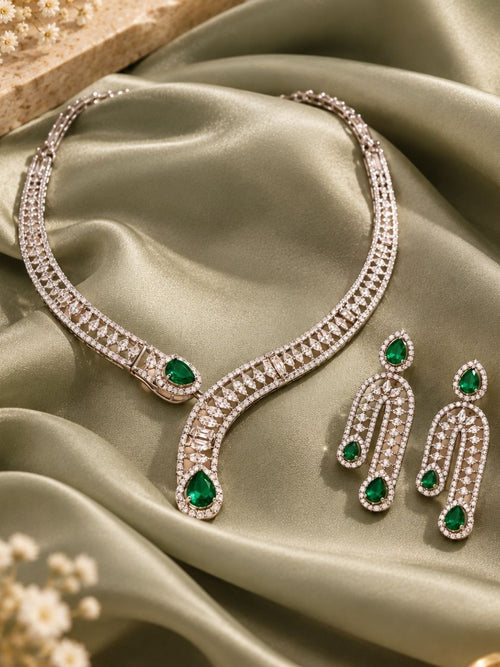 Demi-Fine Emerald AD Curve Design Necklace Set – Platinum Finish