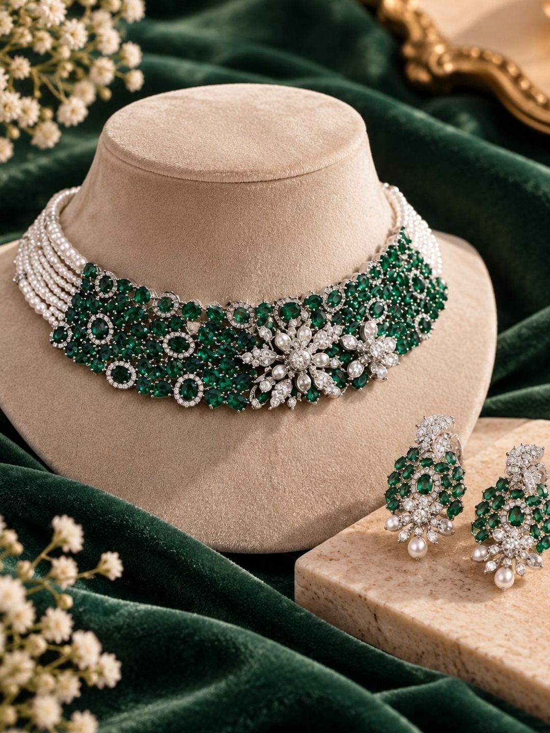 Demi-Fine Emerald Green AD Broad Choker Necklace & Earrings Set